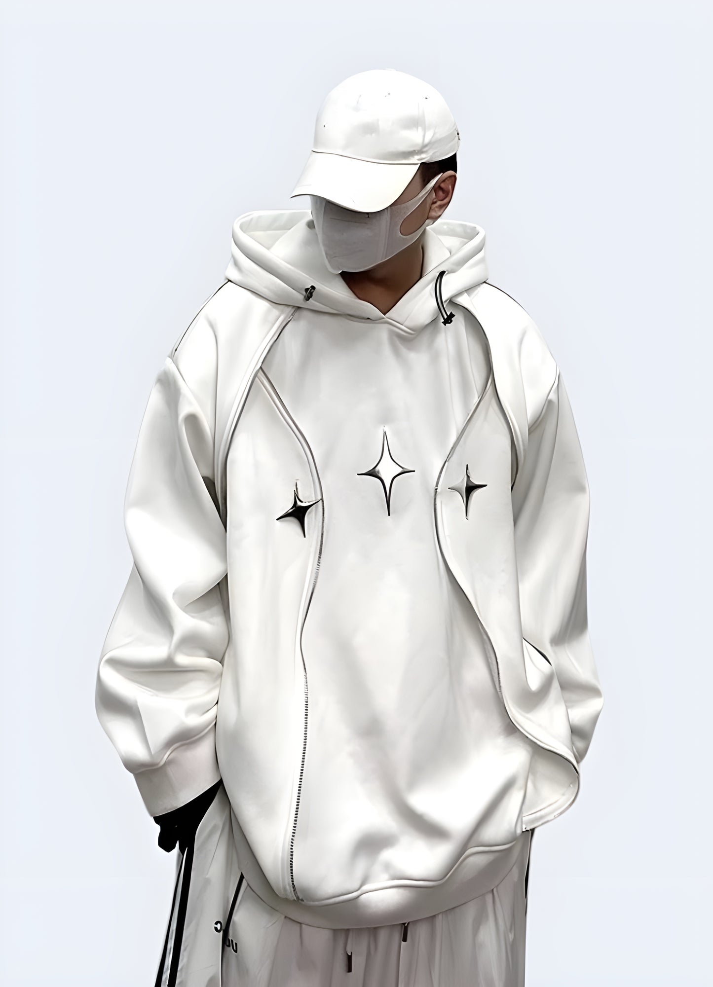 Model wearing a white hoodie with built-in headphones, offering a convenient and stylish solution for music lovers and tech enthusiasts in the Canada.