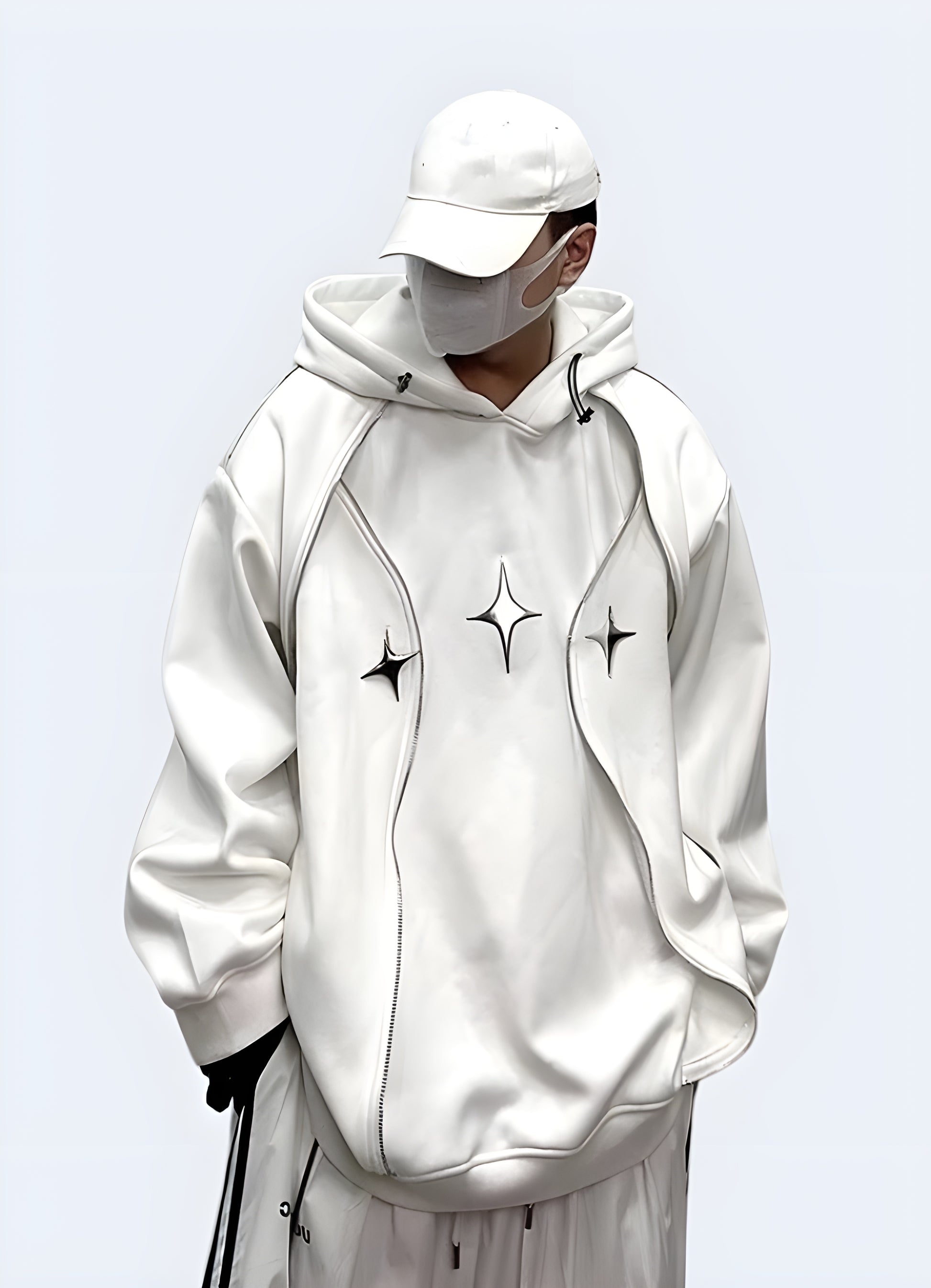 Model wearing a white hoodie with built-in headphones, offering a convenient and stylish solution for music lovers and tech enthusiasts in the Canada.