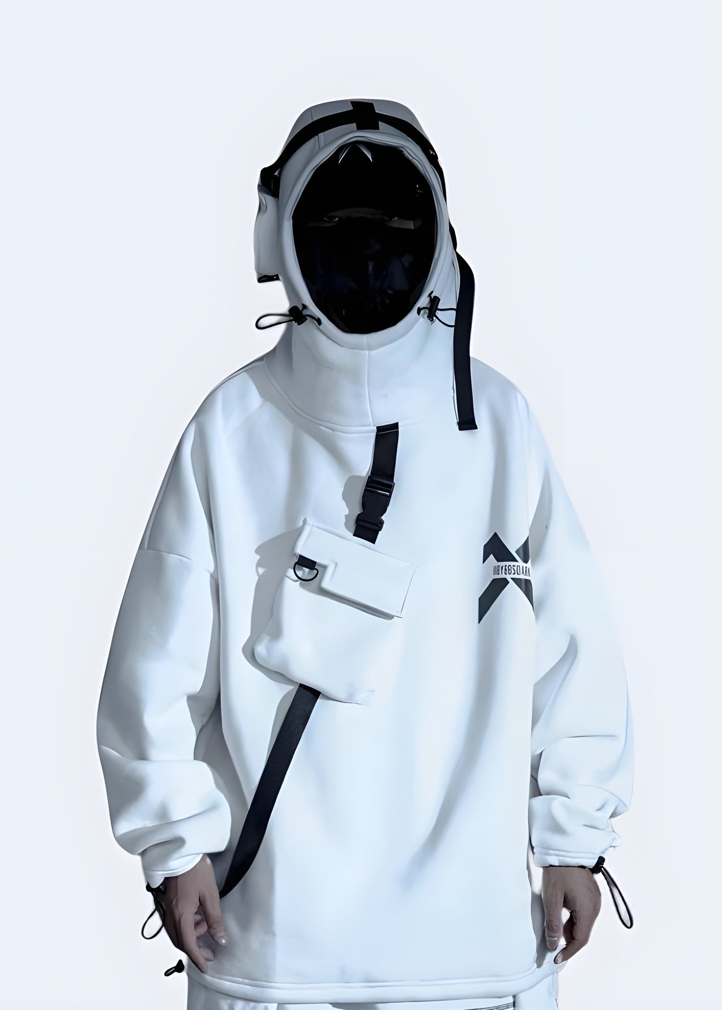Model wearing a white hoodie with built-in headphones, offering a convenient and stylish solution for music lovers and tech enthusiasts in the Canada.