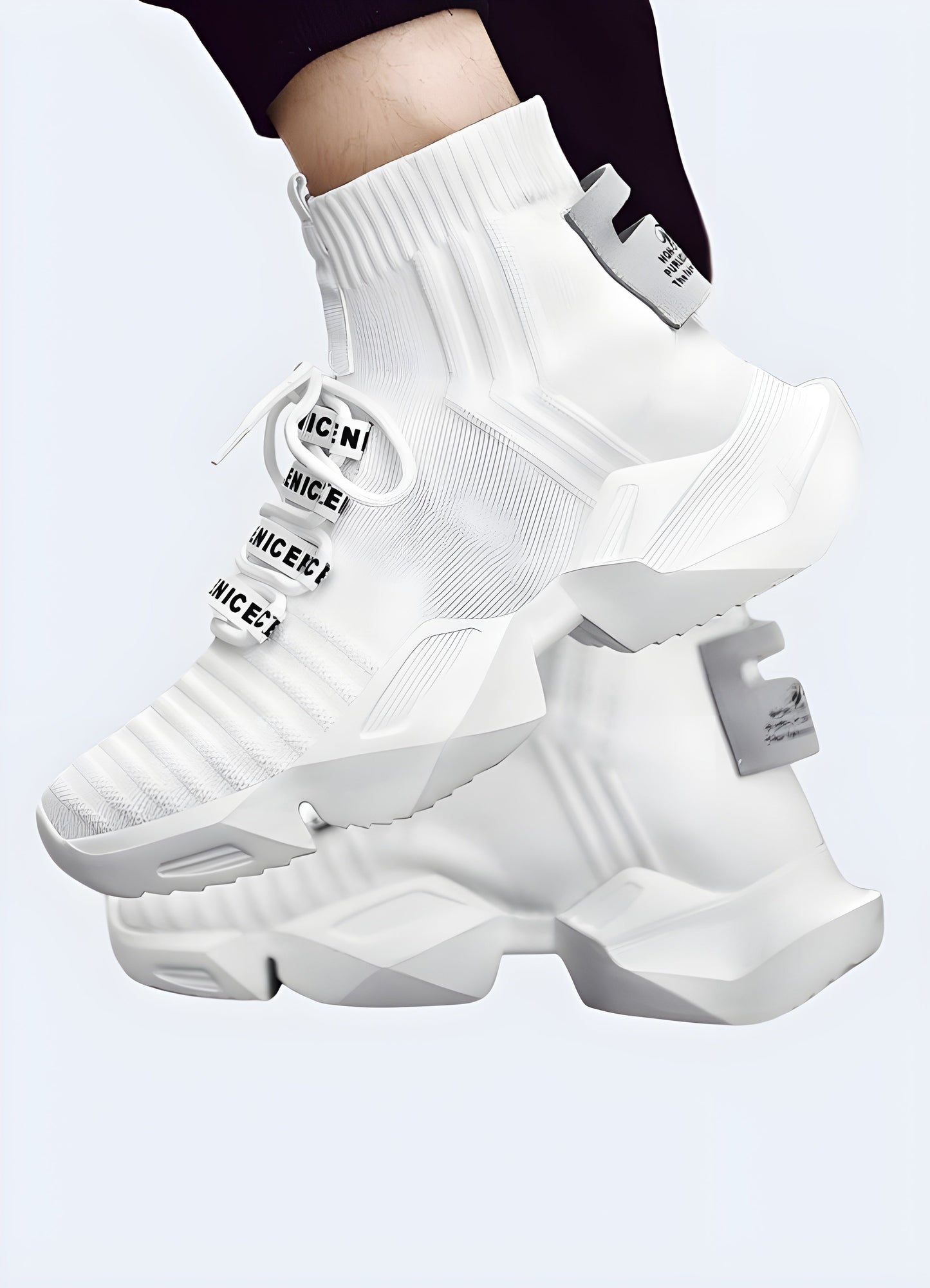 Side view of a man wearing lightweight white techwear sneakers, demonstrating the versatility and modern aesthetics favored by Canada fashion enthusiasts.