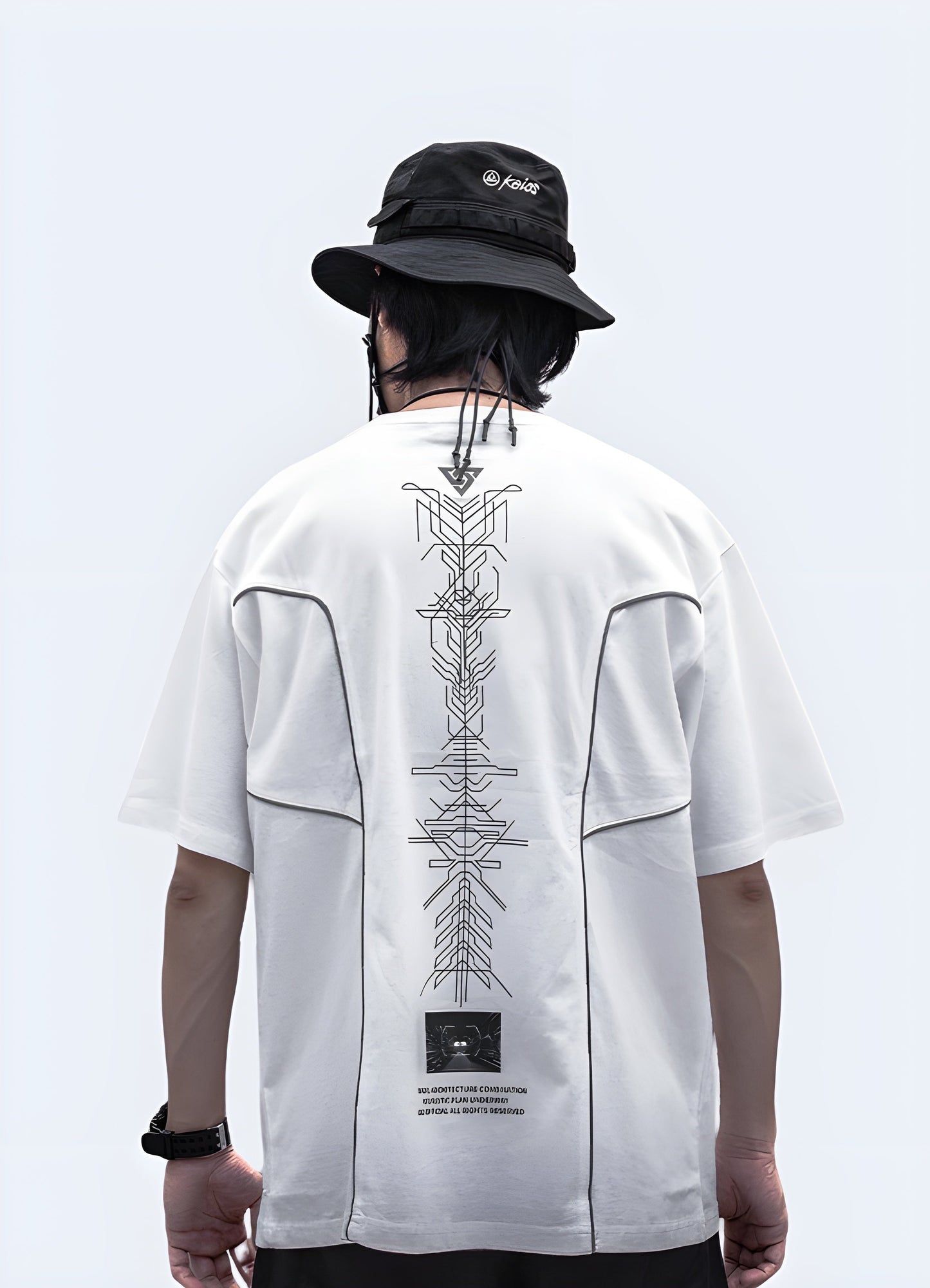 Back view of a man sporting a sci-fi shirt, showcasing its futuristic design and versatile style for fashion-forward individuals in the canada.