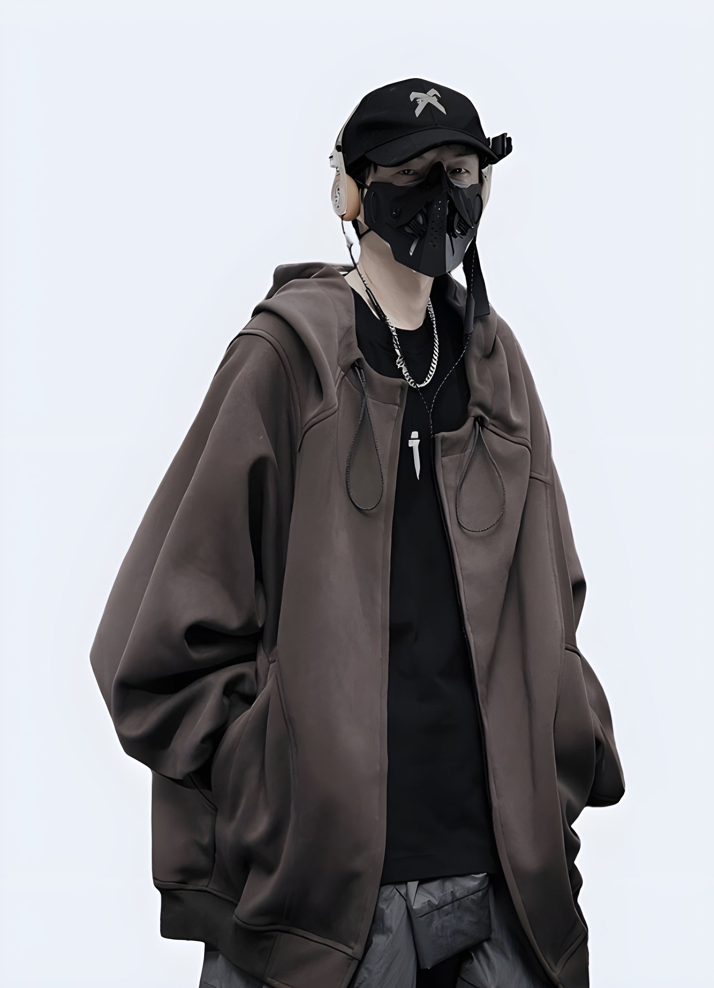 Man wearing streetwear round neck unisex zip-up hoodies, front side view, available in Canada, highlighting the modern and versatile design perfect for any casual outfit.