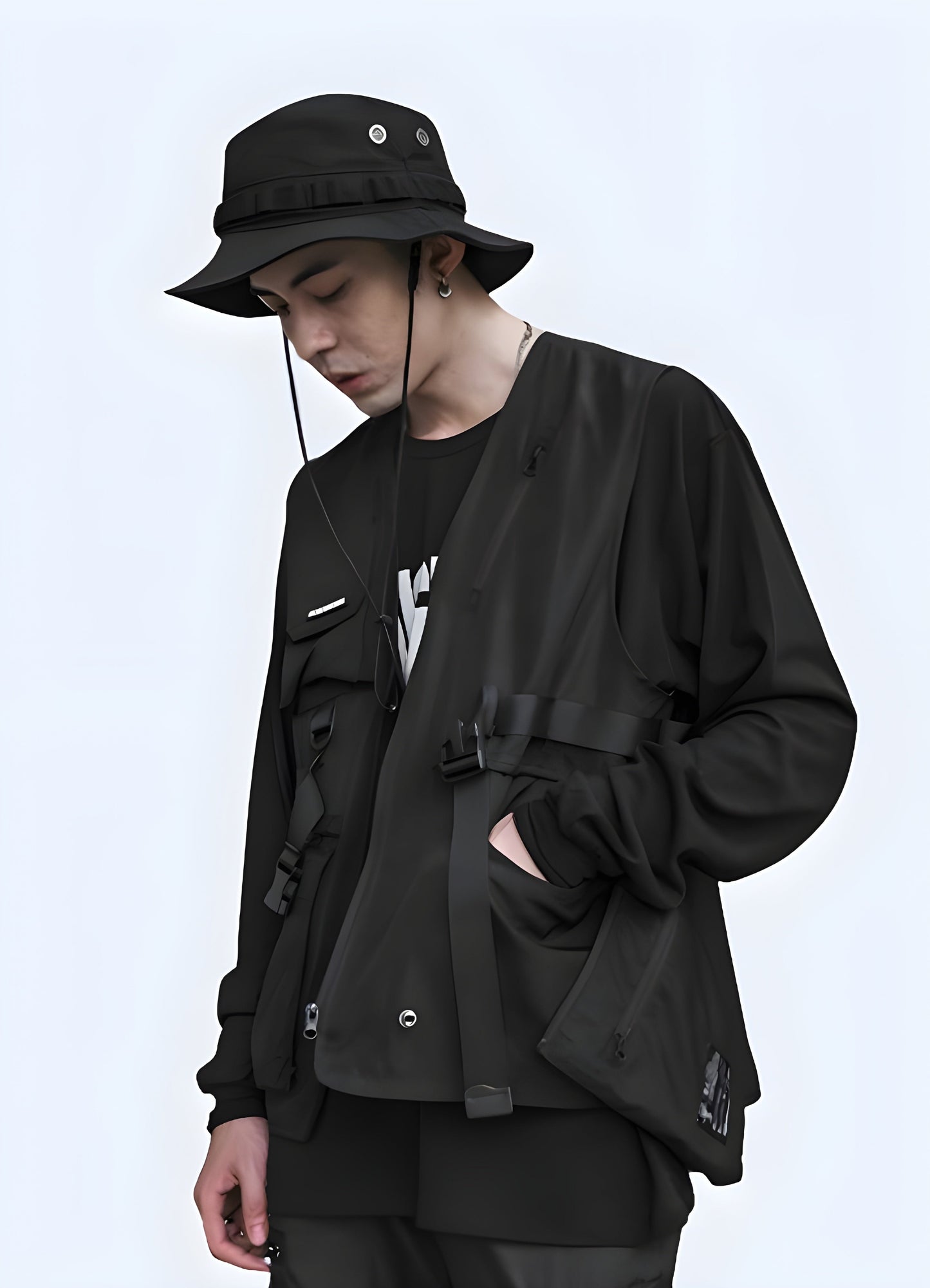 Side view of a man sporting a streetwear tactical vest, emphasizing its ergonomic fit and practical storage options, ideal for urban exploration in the Canada.