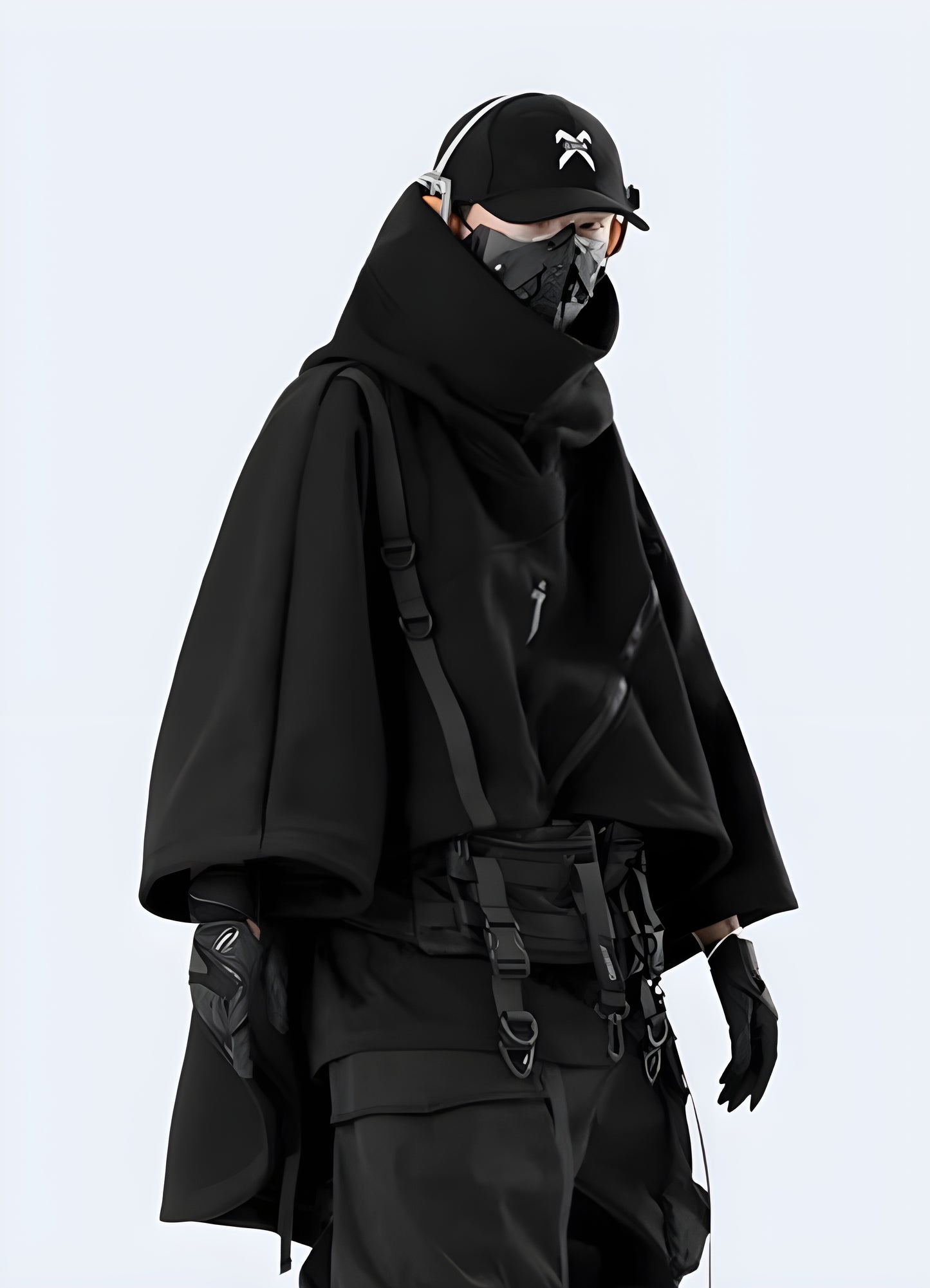 Front view of a person wearing a black poncho hoodie featuring a relaxed, loose-fitting silhouette and an oversized hood, ideal for making a fashion statement or staying cozy.