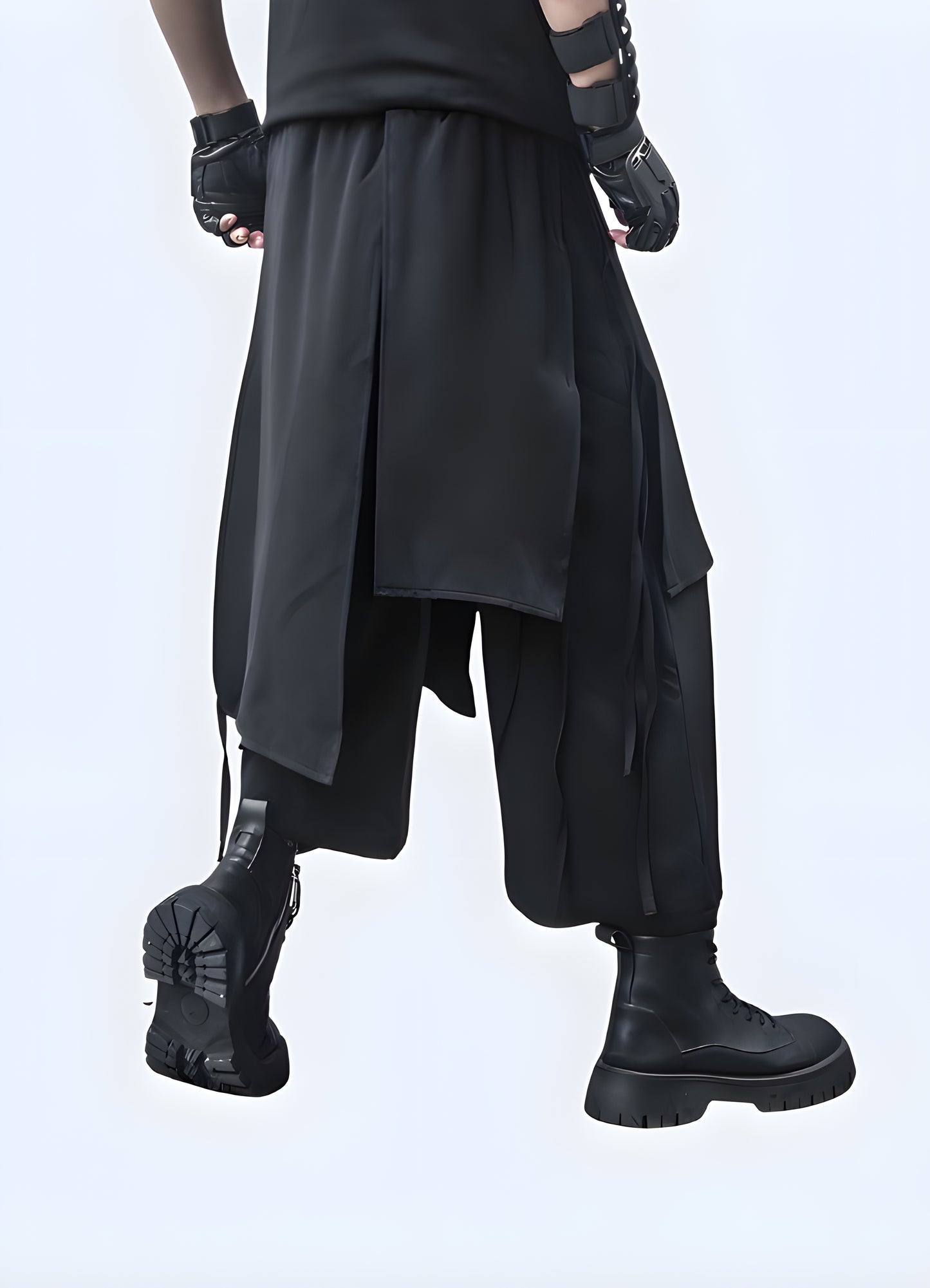 Man wearing Techwear harem pants, back view, modern streetwear style in Canada