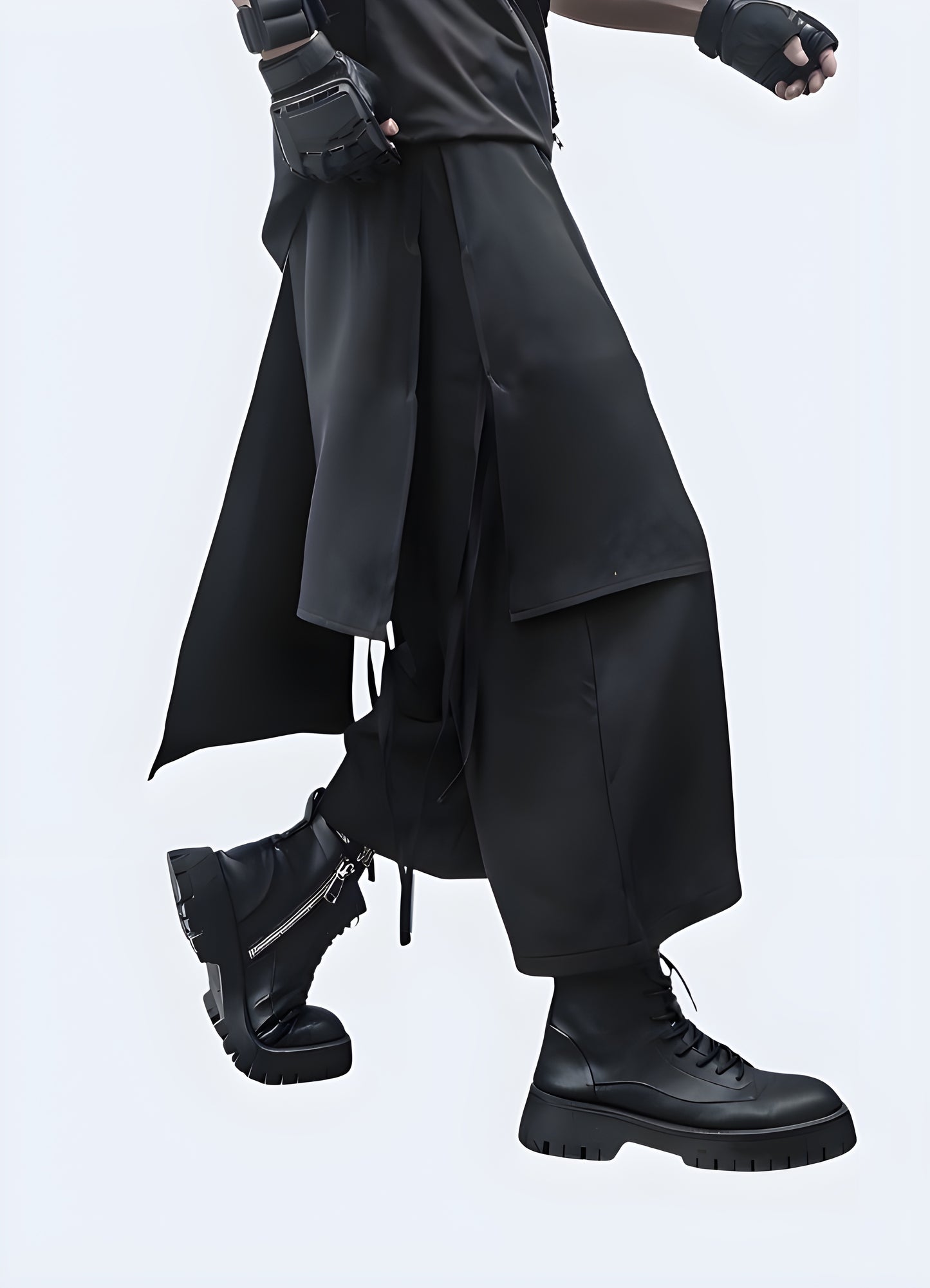 Front-side view of a man wearing versatile techwear harem pants, showcasing their relaxed fit and modern design, perfect for fashion-forward individuals in Canada.