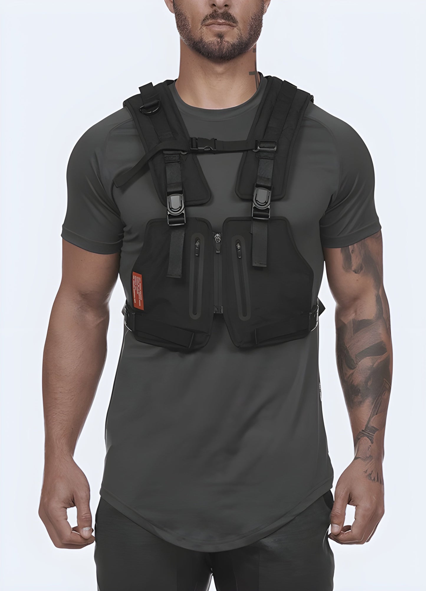Man wearing a black techwear running vest with ample pockets, adjustable straps, and a sleek silhouette, ideal for outdoor adventures and urban fashion Canada.