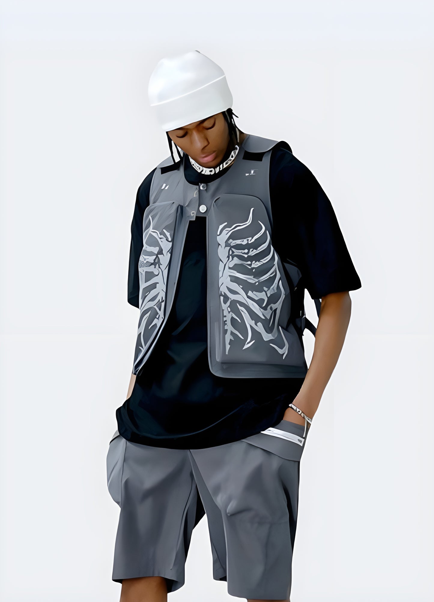 Man wearing techwear skeleton vest, front view, highlighting its intricate and detailed design, available in Canada