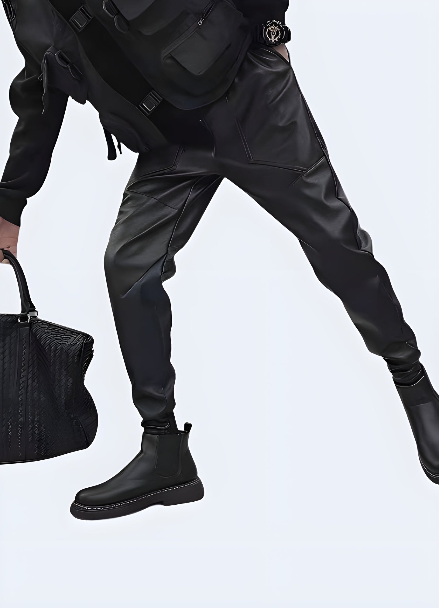 Front side view of a man modeling cutting-edge techwear waterproof pants, highlighting the advanced waterproof technology and modern aesthetics, a must-have for tech-savvy adventurers in the Canada.