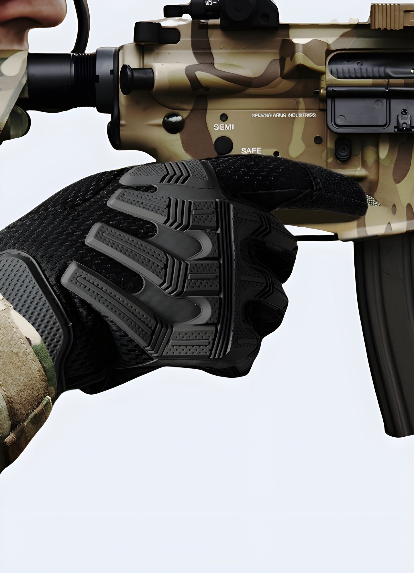 Man wearing Trooper gloves viewed from the side, showcasing the gloves' snug fit and tactical design.