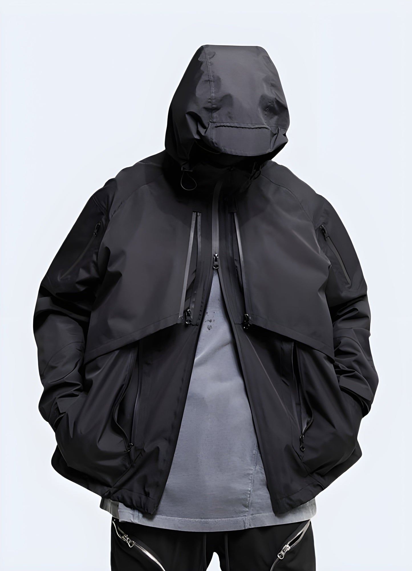Man wearing a urban ninja-inspired techwear coat, front view, demonstrating its fashionable and practical appeal for Canada urban enthusiasts.
