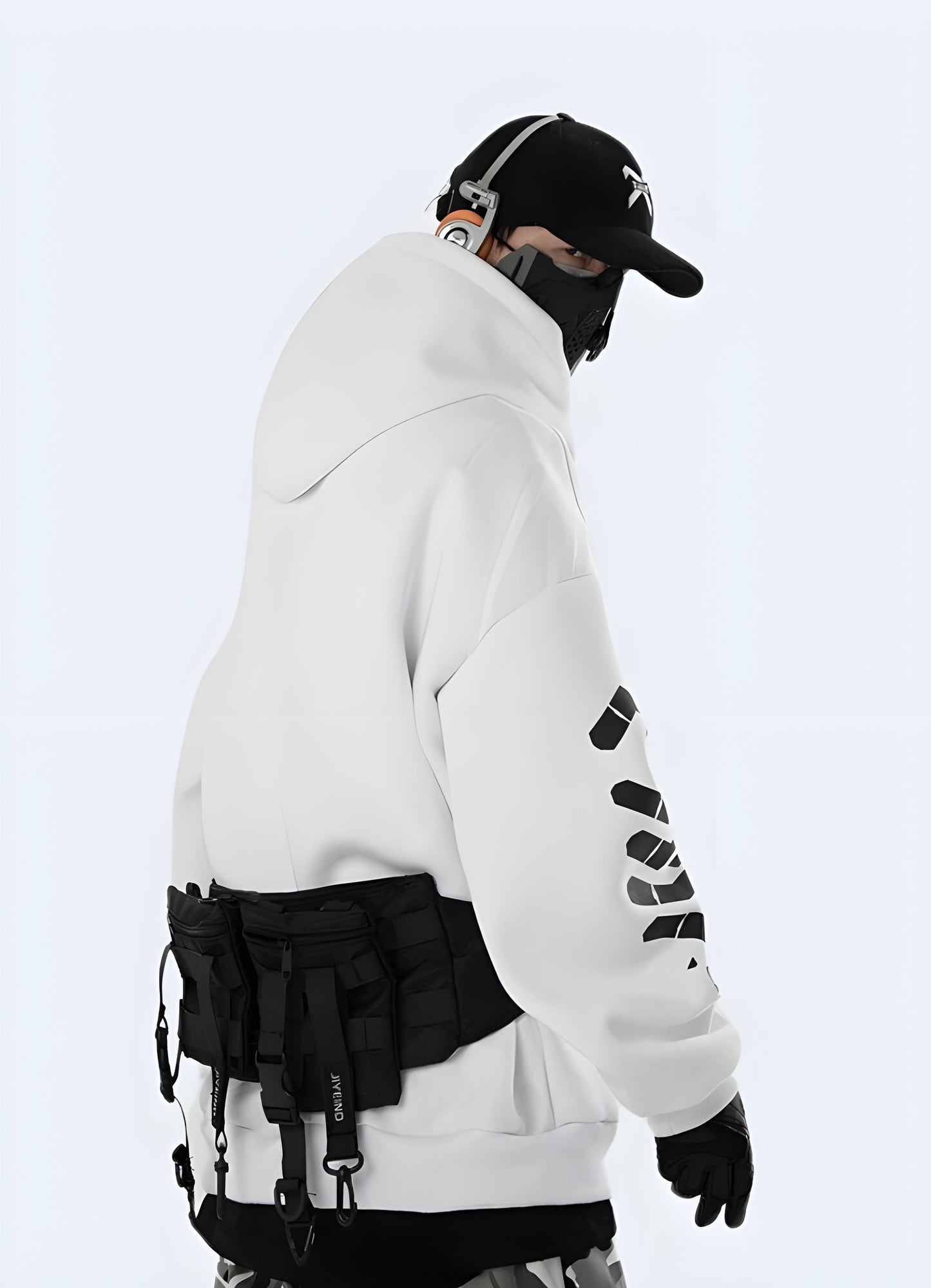 Man wearing a white cyberpunk-inspired hoodie with unique design features, front view, Canada-based product.