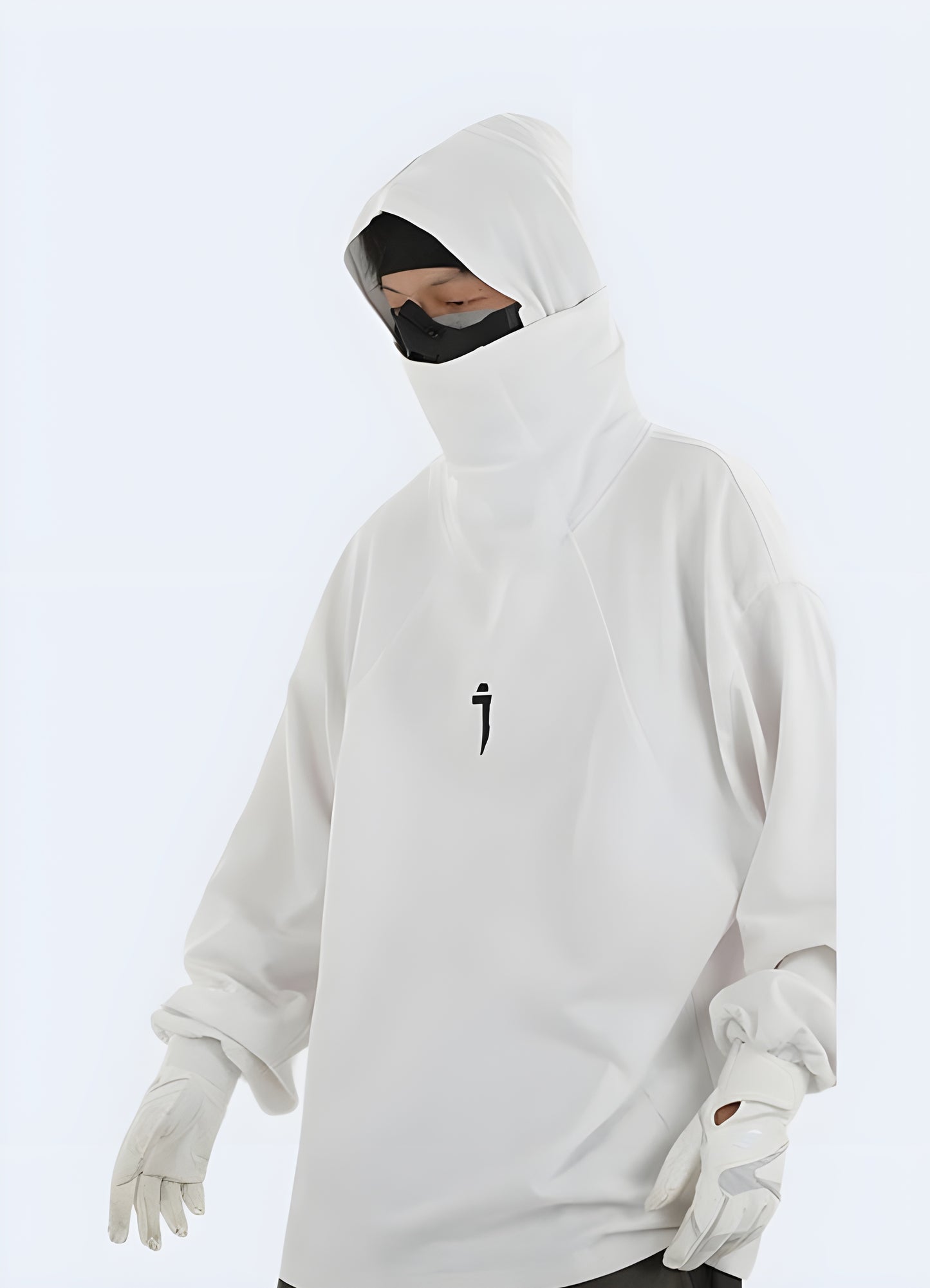 Man wearing white techwear hoodie, side view, available in Canada, demonstrating its clean lines and comfortable fit.