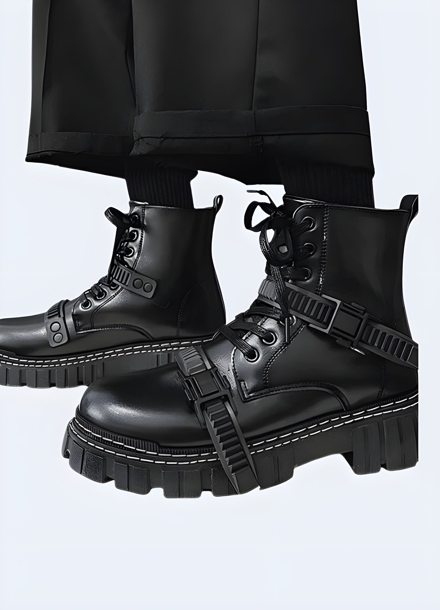 Side view of a man wearing goth techwear ankle boots with fastener, demonstrating the comfortable fit, edgy appearance, and ability to elevate any dark or tech-inspired outfit.