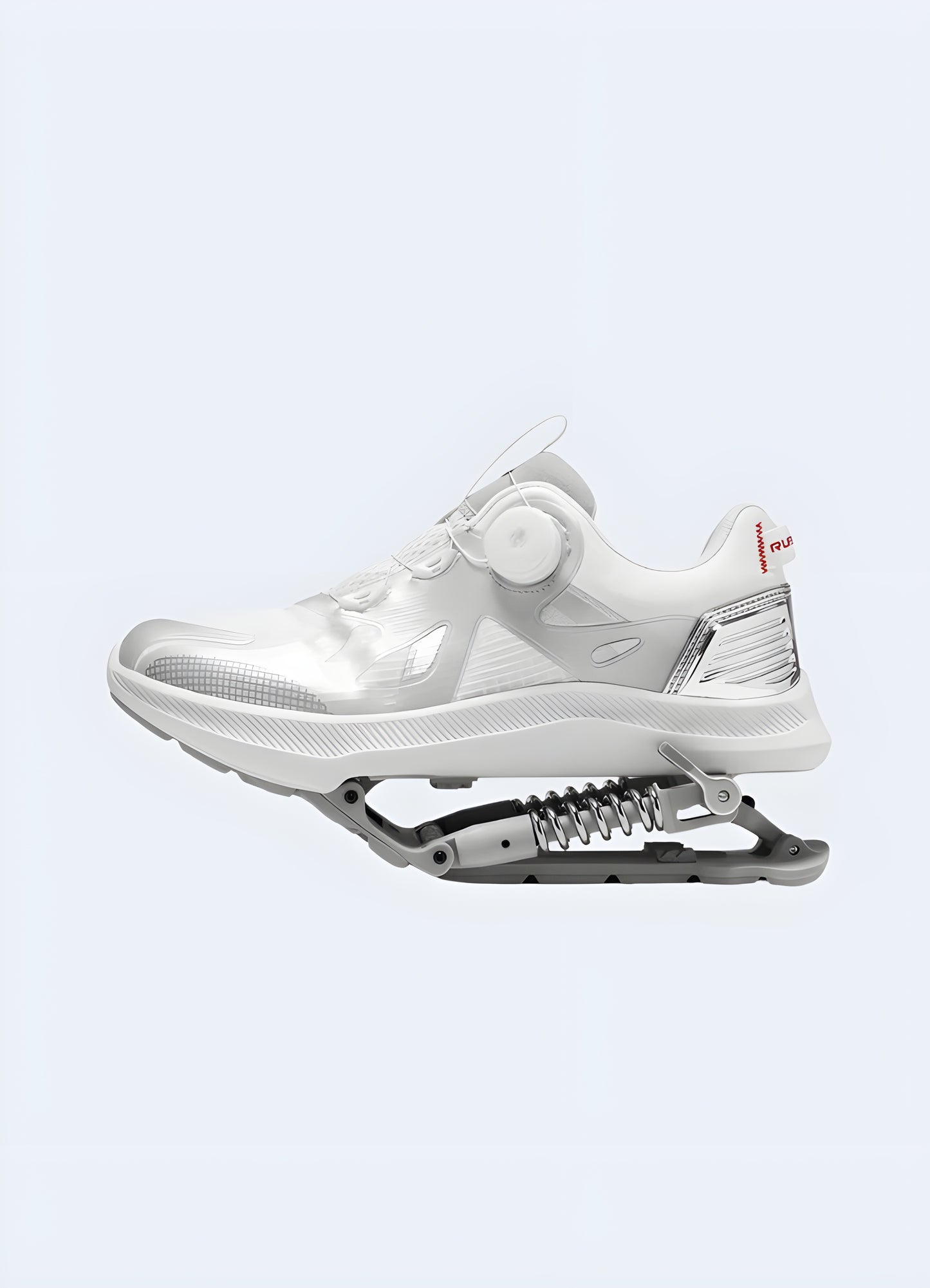 Front view of white mechanical-assisted sneakers, highlighting their sleek design and advanced mechanical features, ideal for techwear enthusiasts in the Canada.