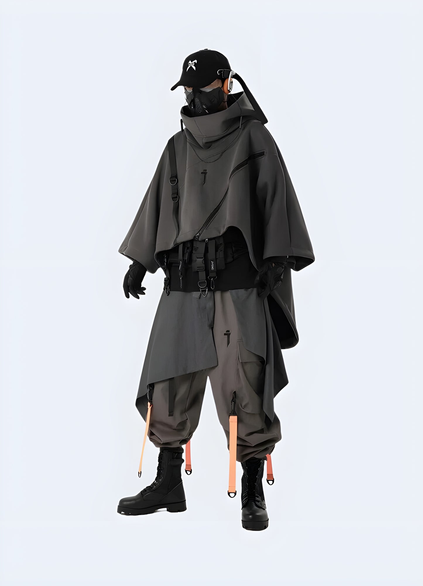 Techwear fashion often emphasizes functionality and a futuristic aesthetic, and a cropped poncho.
