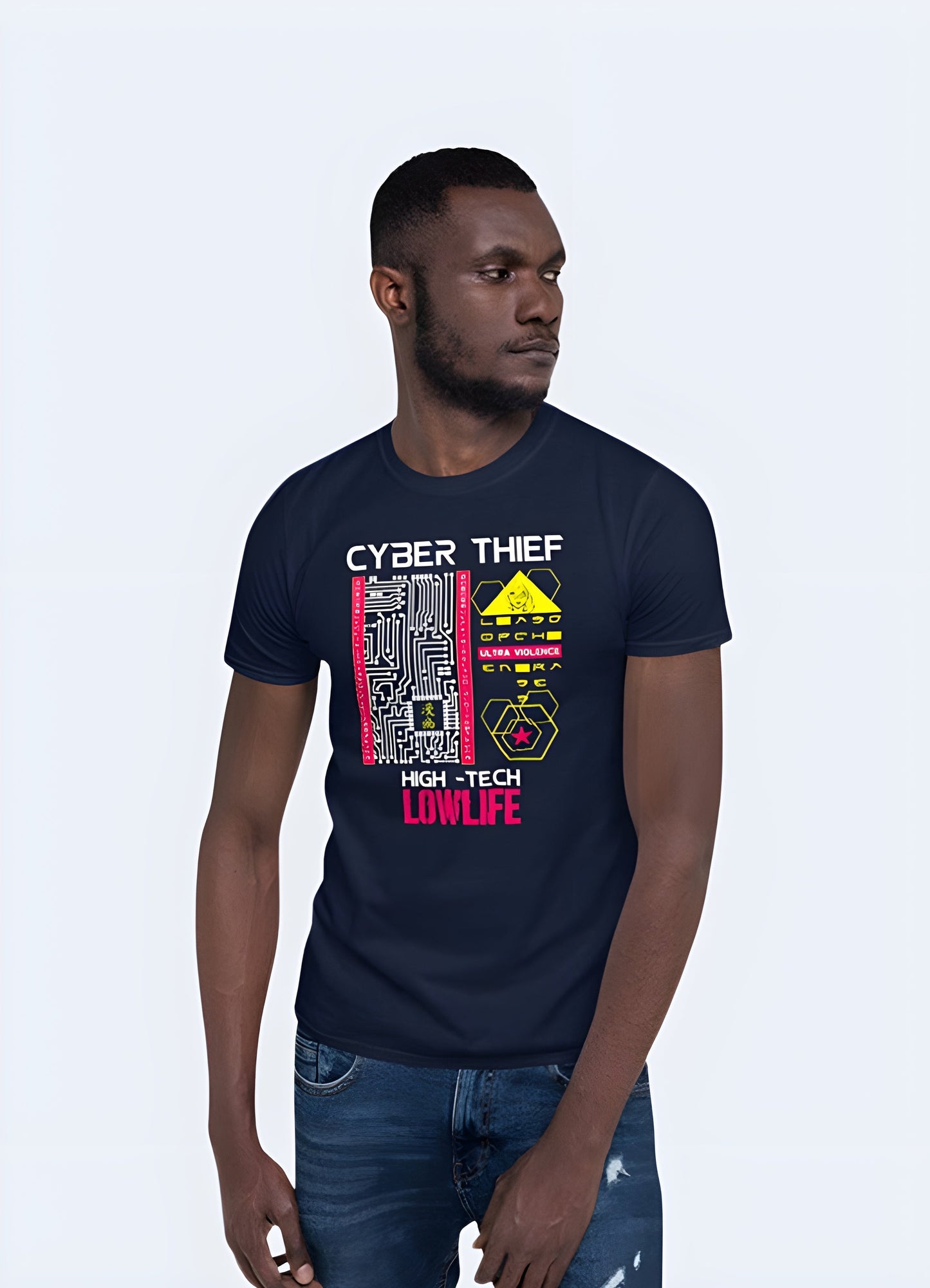 Front view of a man wearing a High Tech Low Life shirt, emphasizing its unique style and comfortable fit for cyberpunk fans in the canada.