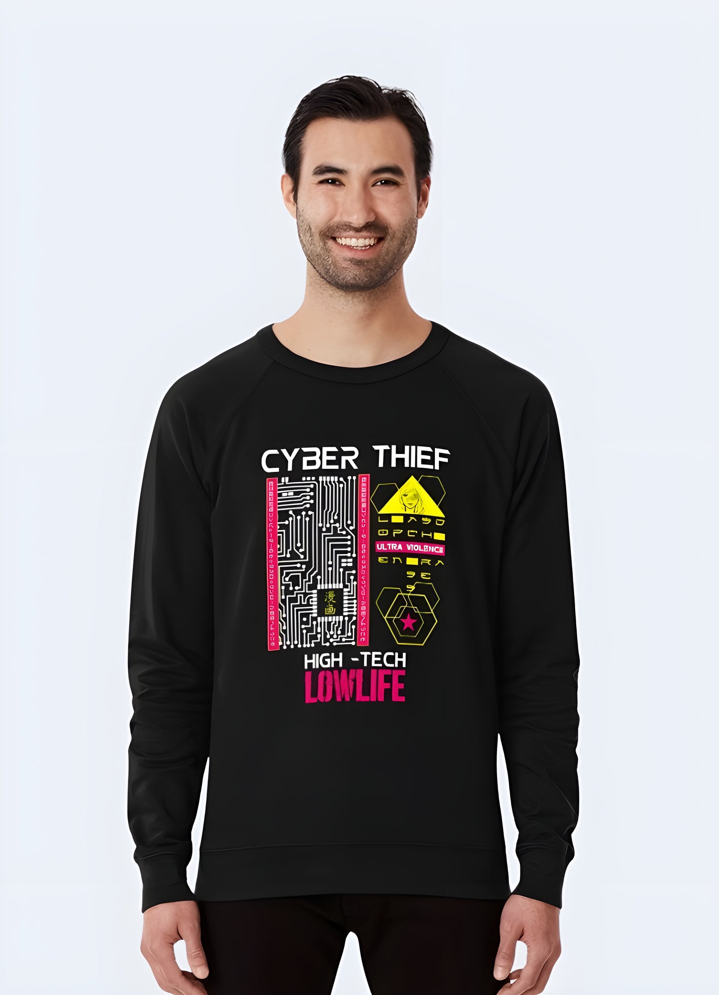 Front view of a "High Tech Low Life" shirt showcasing its bold design and edgy aesthetics, ideal for making a statement in the canada fashion scene.