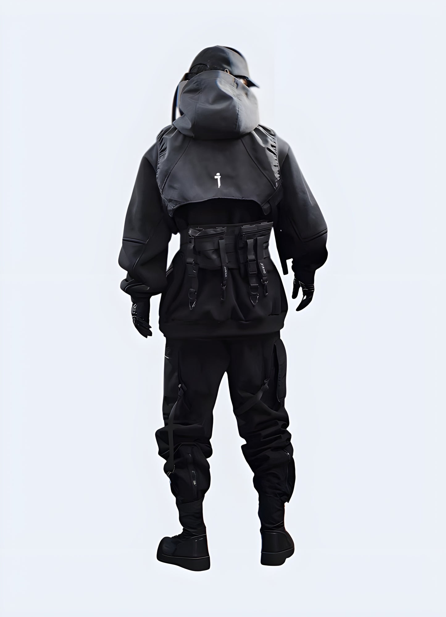 Man wearing a black tech fleece hoodie, back view. Featuring a sleek, minimalist design, this hoodie offers warmth, comfort, and a modern techwear aesthetic. Perfect for urban streetwear and everyday casual outfits.