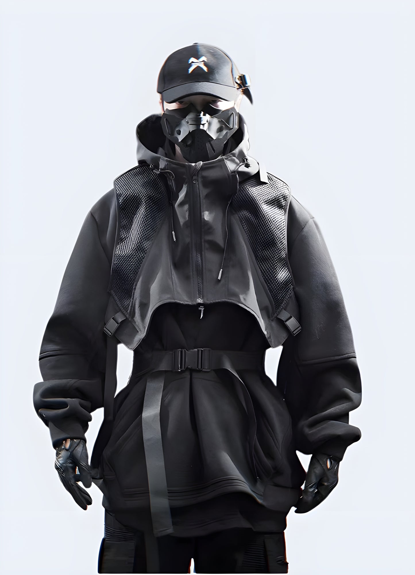 Man wearing black tech fleece hoodie front view in Canada, highlighting its fit and contemporary look.