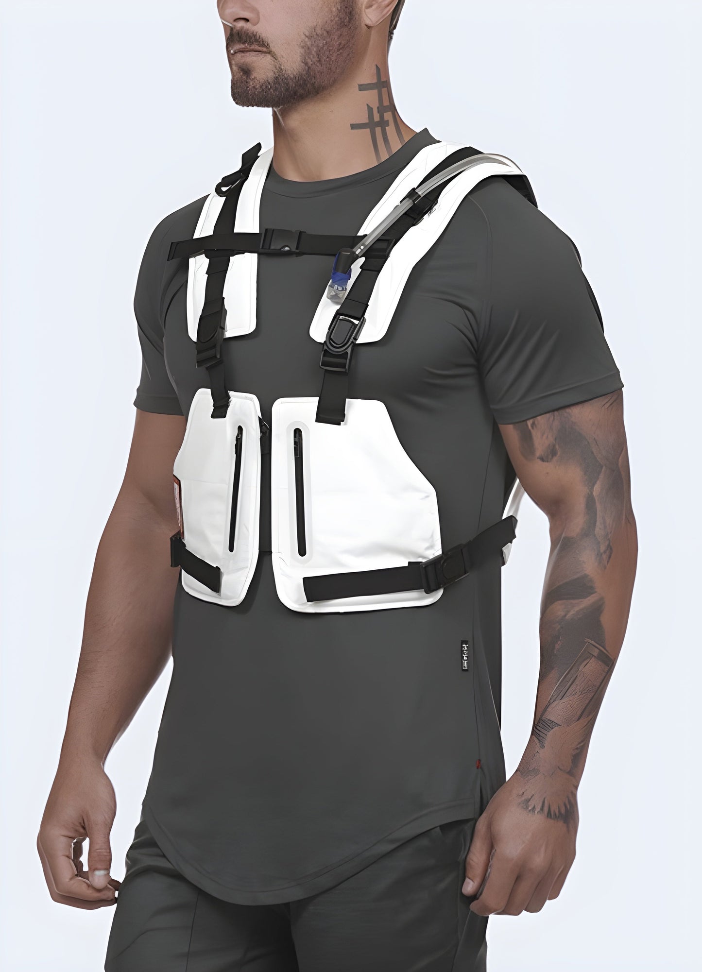 The chest rig is made of lightweight, durable white fabric with adjustable straps and multiple pockets featuring zippers and Velcro closures Canada.