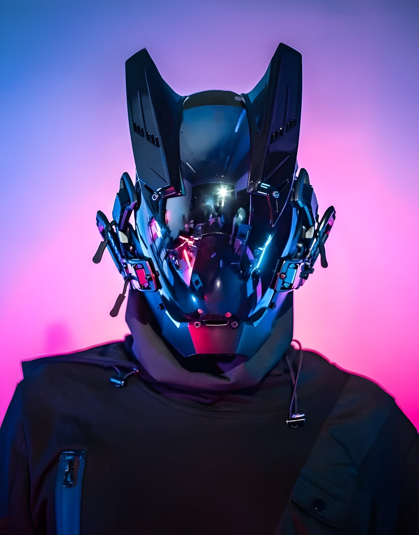Men wearing cyberpunk techwear helmets with LED lights, demonstrating futuristic fashion and high-tech accessories, popular Canada.