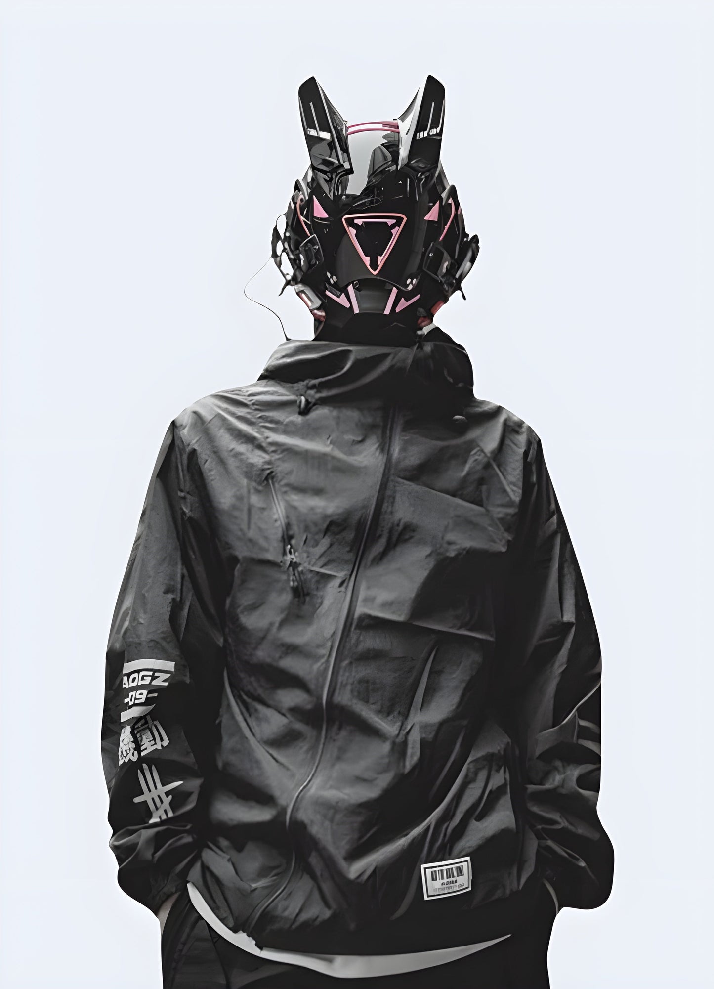 Men wearing cyberpunk techwear helmets with LED lights, demonstrating futuristic fashion and high-tech accessories, popular Canada.