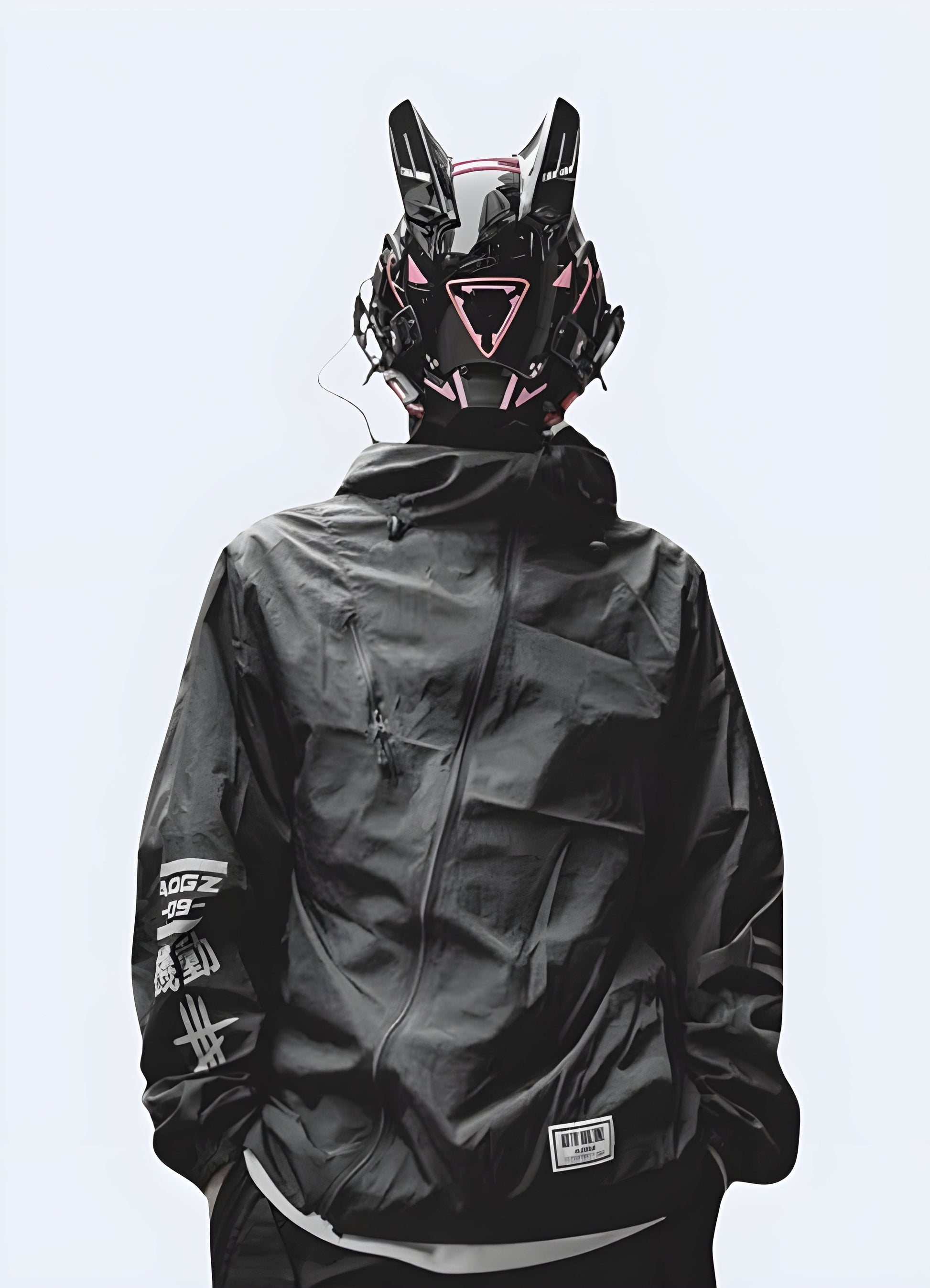 Men wearing cyberpunk techwear helmets with LED lights, demonstrating futuristic fashion and high-tech accessories, popular Canada.
