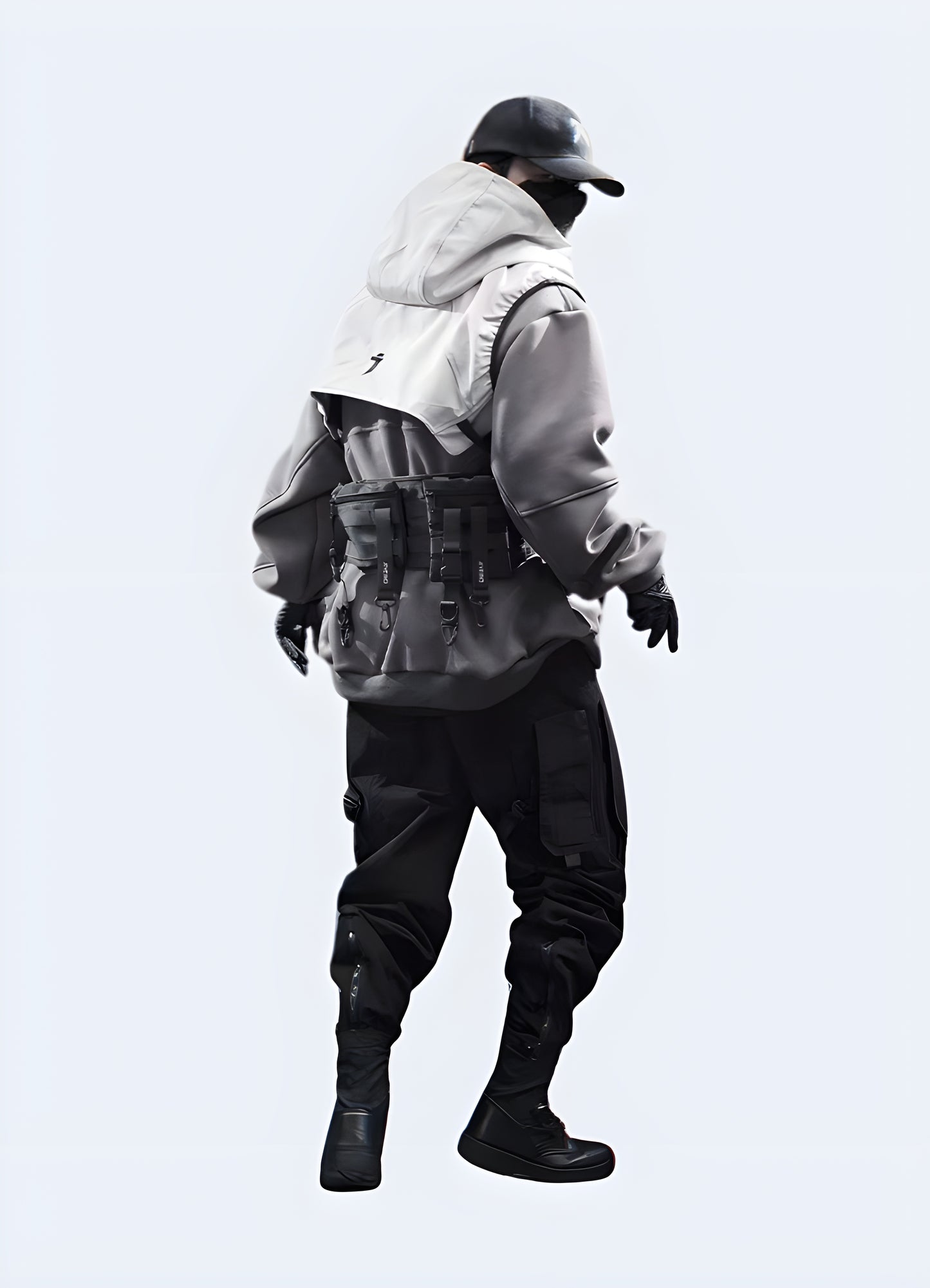 Man wearing a grey tech fleece hoodie, back view. Designed for warmth and comfort, this modern techwear hoodie features a sleek, minimalist aesthetic, making it perfect for urban streetwear and everyday casual wear.