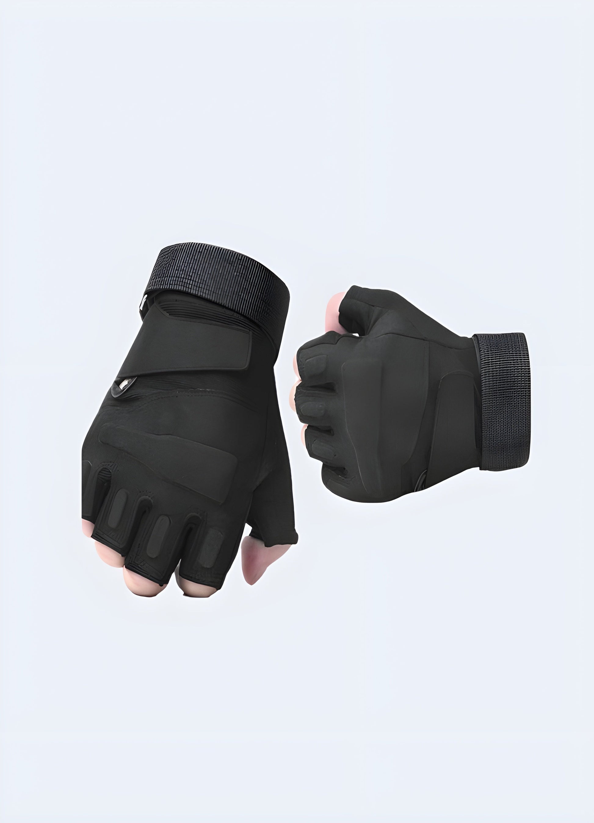 Men wearing ninja fingerless gloves, front and side view, highlighting adjustable wrist straps and rugged design suitable for tactical use Canada.
