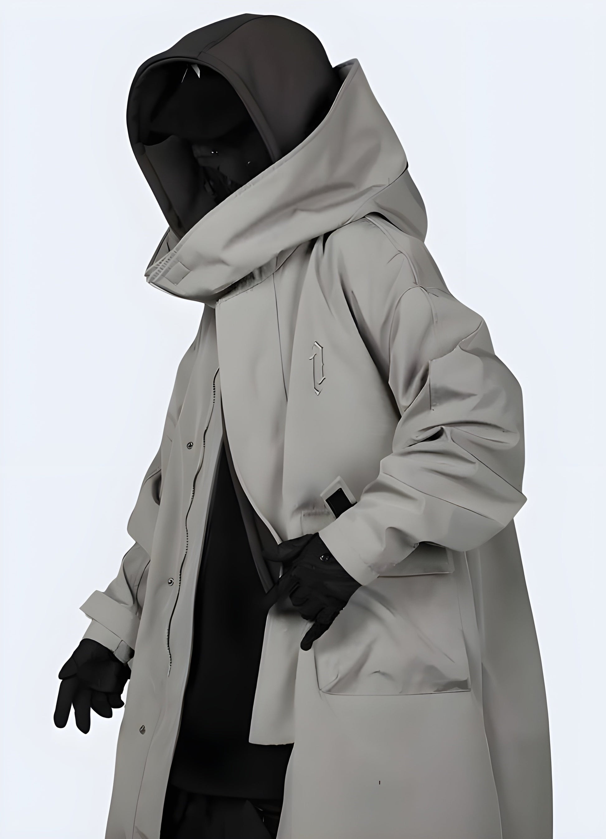 Side view of a man wearing a cutting-edge techwear anorak, demonstrating its practical yet stylish design, ideal for Canadians navigating the city streets and outdoor adventures in comfort and style.