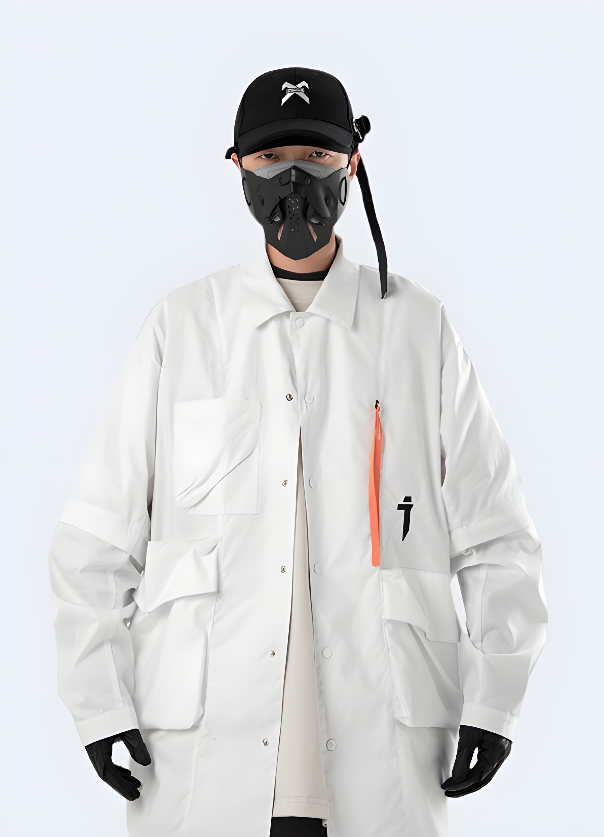 Man modeling a white techwear shirt jacket, front view, suitable for autumn weather in Canada.