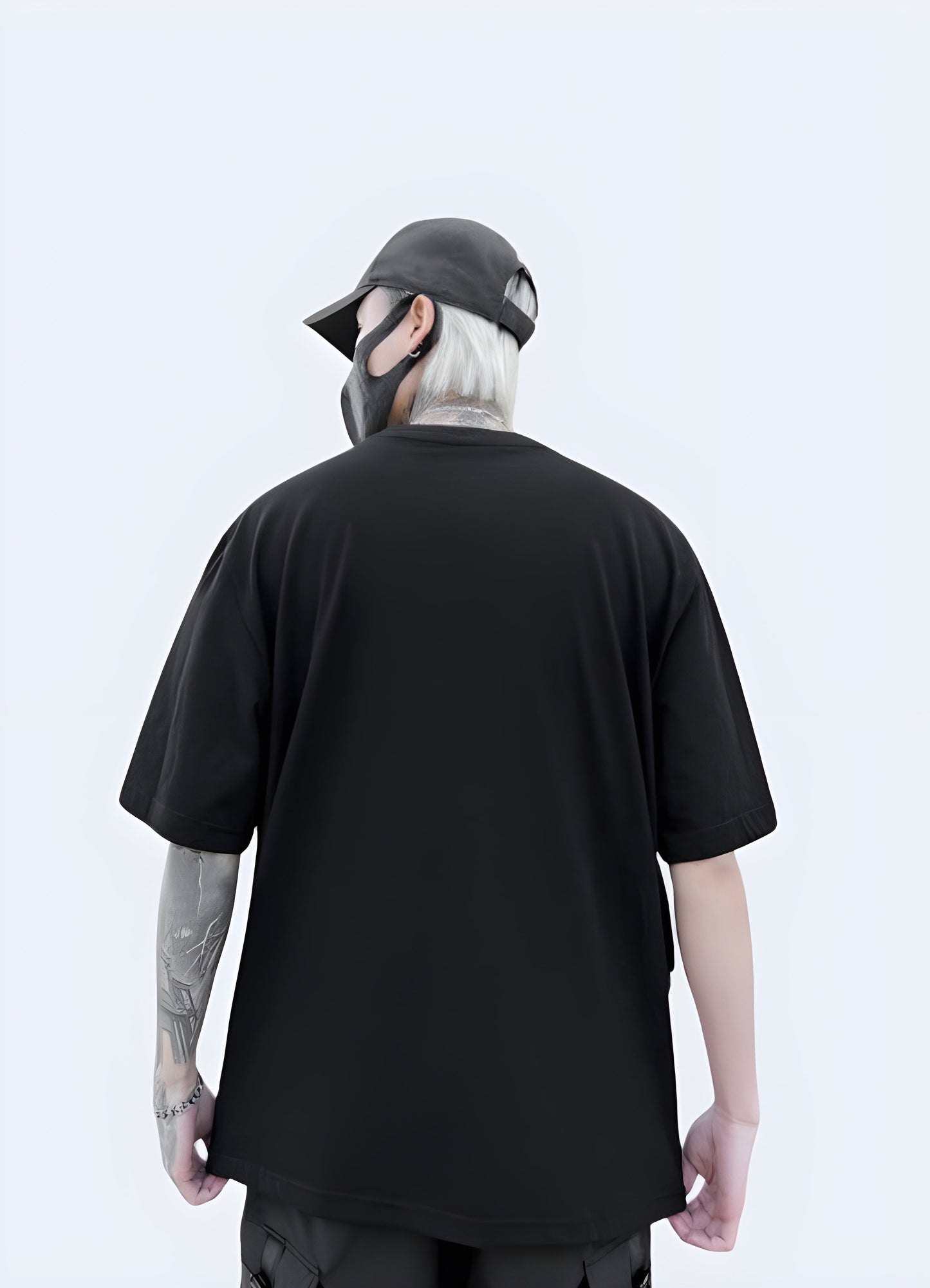 Back side view of a man sporting a modular futuristic shirt, highlighting its versatile design and high-quality construction for fashion-forward individuals in the Canada.