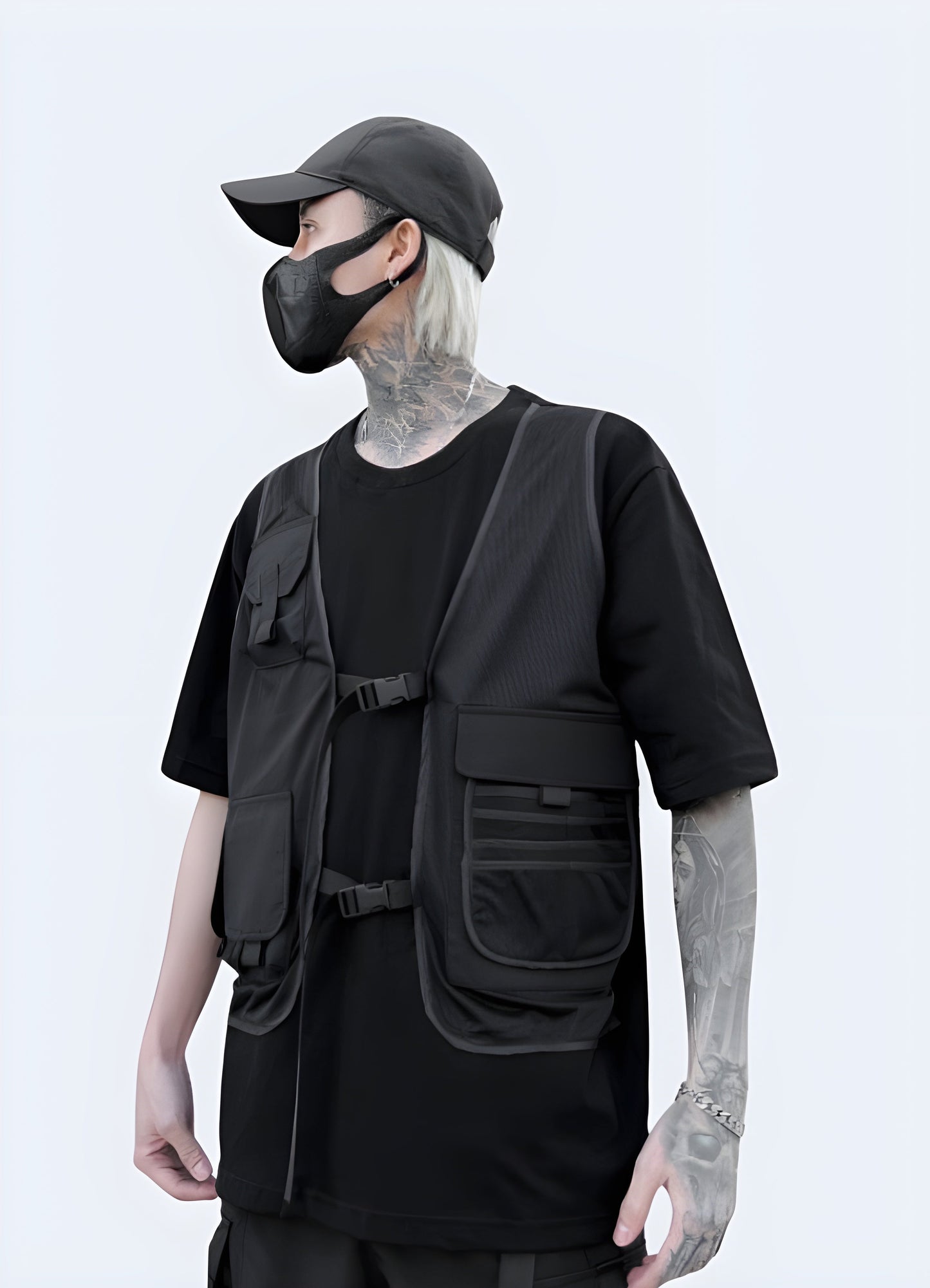 Men showcasing techwear t-shirt with integrated vest, front and side view, in Canada.