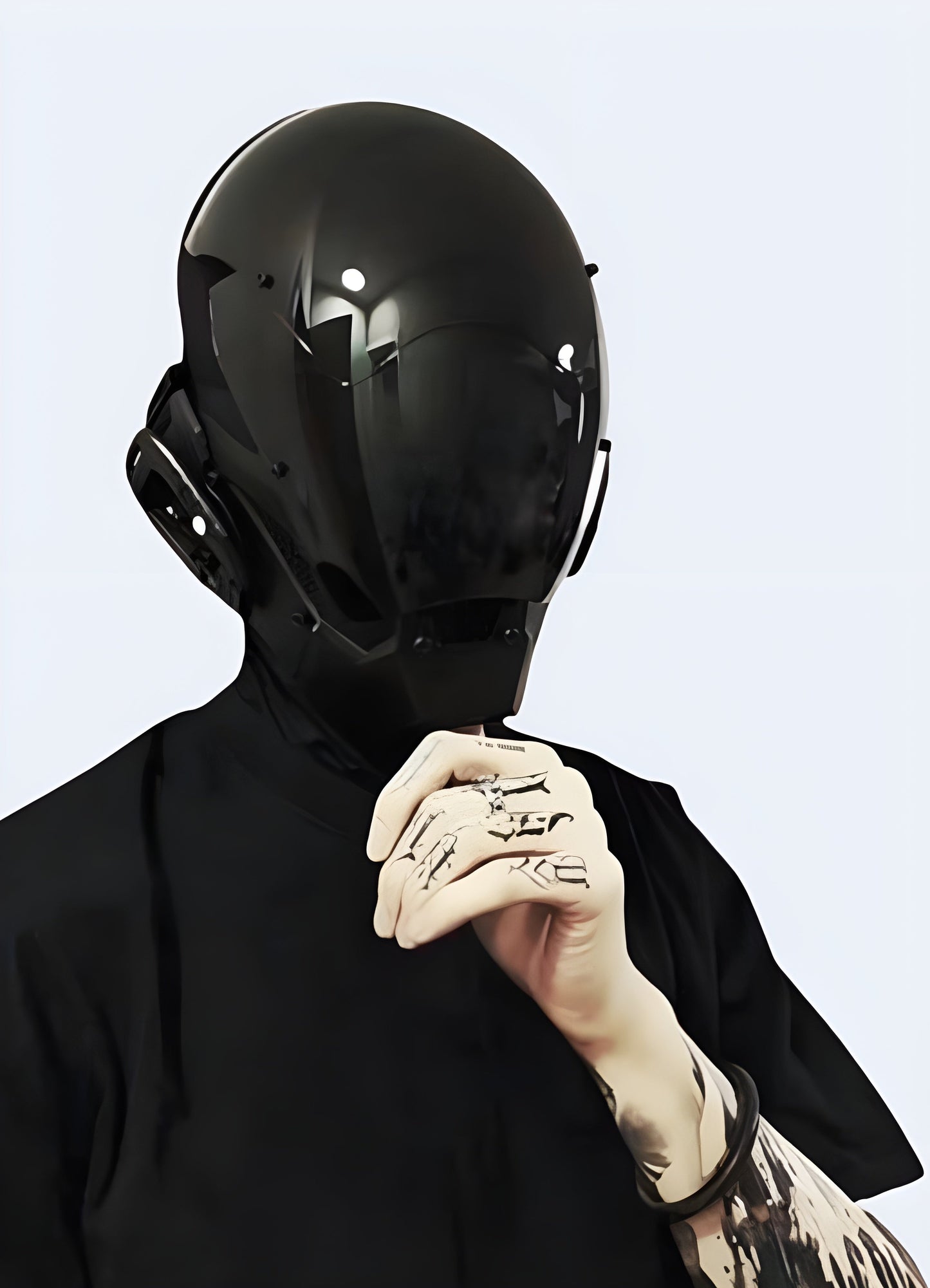 Men in techwear warcore helmet, front view, highlighting advanced urban fashion trends Canada.