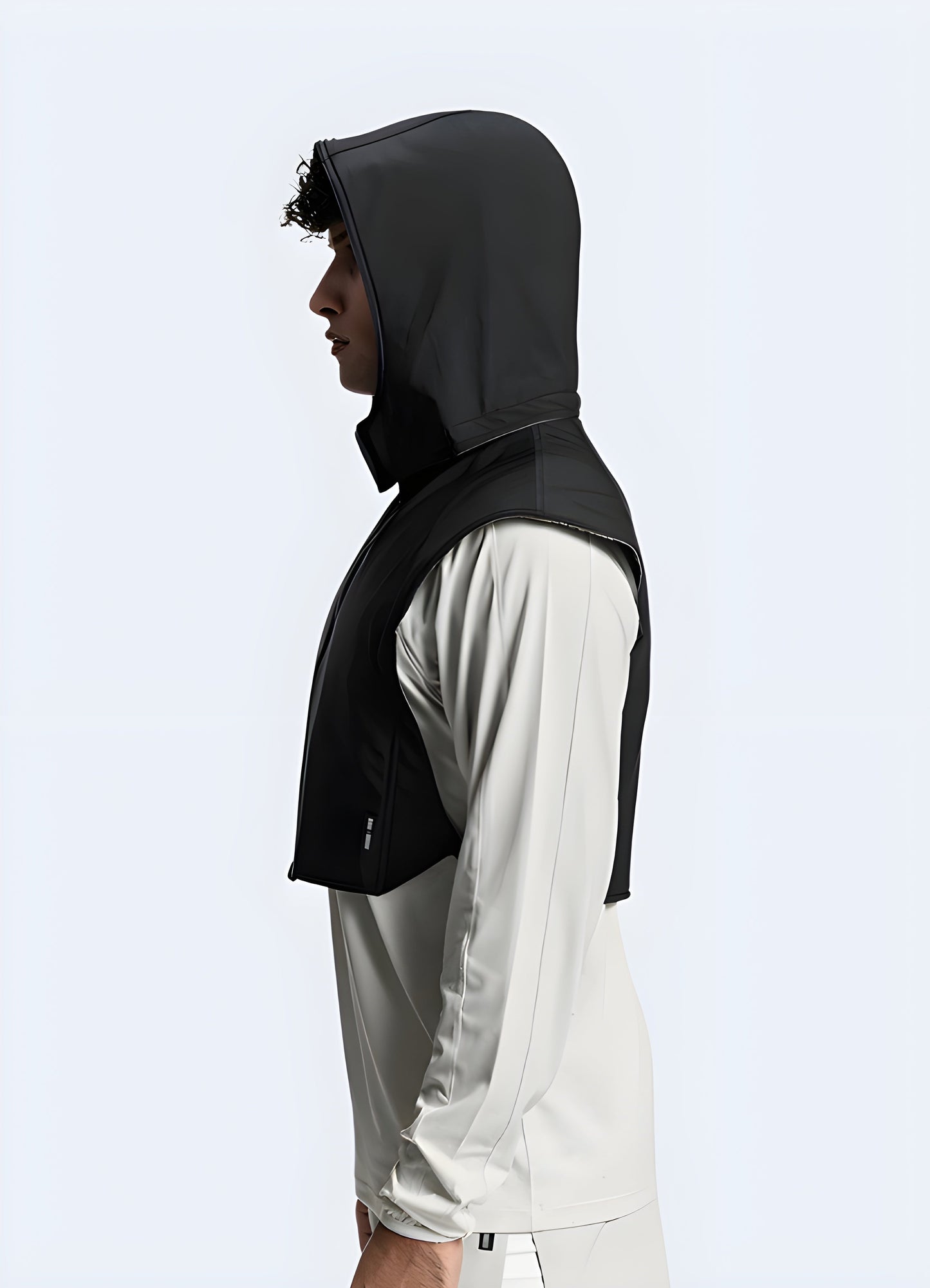 Model showcasing the versatility of a reversible vest, featuring a casual, outdoorsy design on one side and a sleek, modern look on the other, as seen from the left side view, ideal for transitioning between different styles and occasions in the Canada.