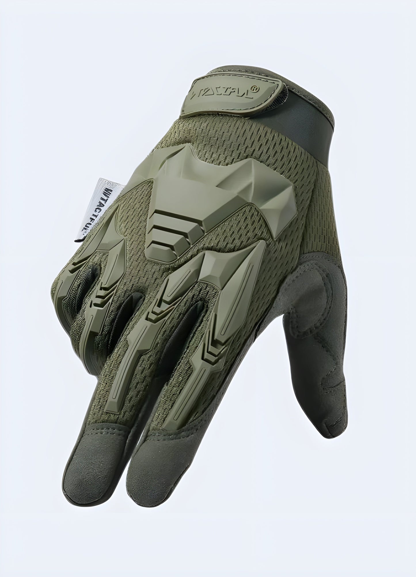 Front view of military full-finger tactical gloves in green in Canada.