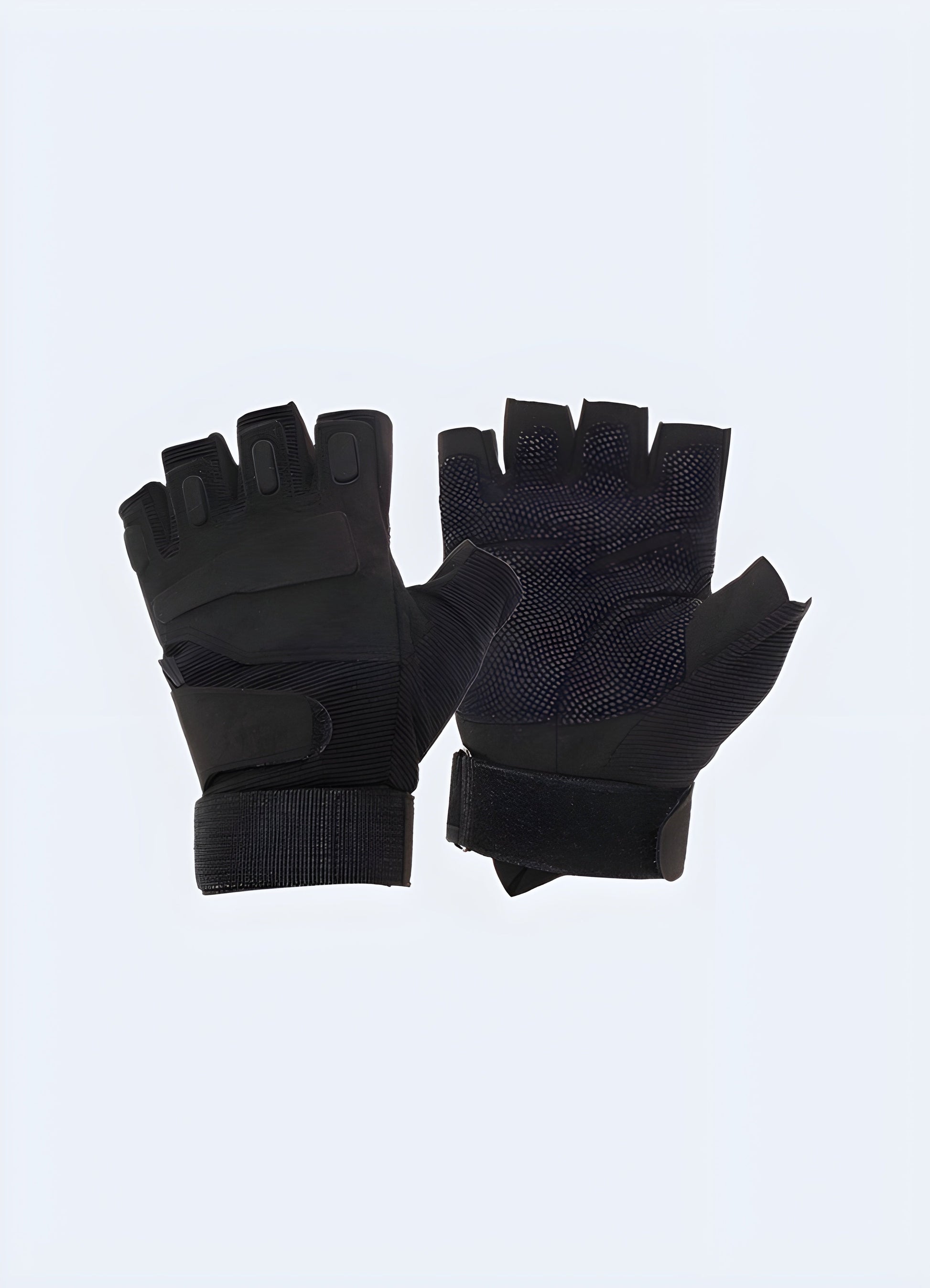 Black ninja fingerless gloves, Canada back view, a sleek leather finish on the front, and a breathable back with adjustable straps.