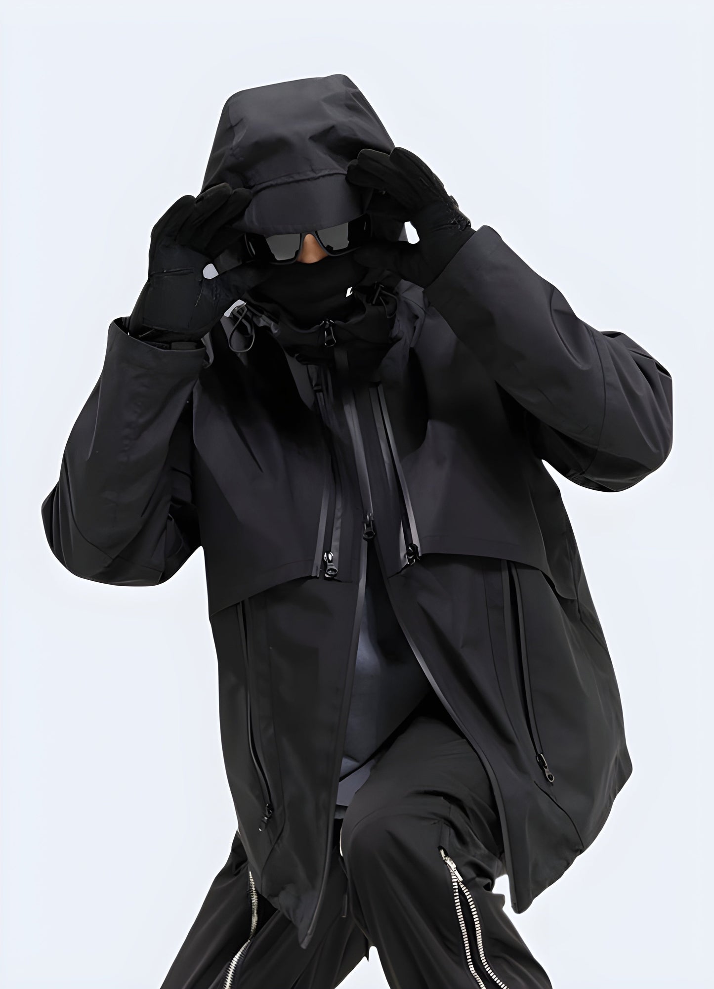 Full view of the ninja-inspired techwear jacket, showcasing its sleek design and stealthy aesthetics, ideal for the Canada streetwear scene.