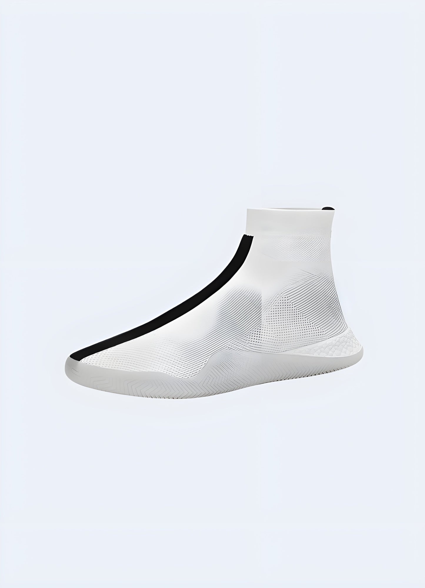 No-laces white tech sneaker side view modeled in the Canada. Modern and minimalist style.