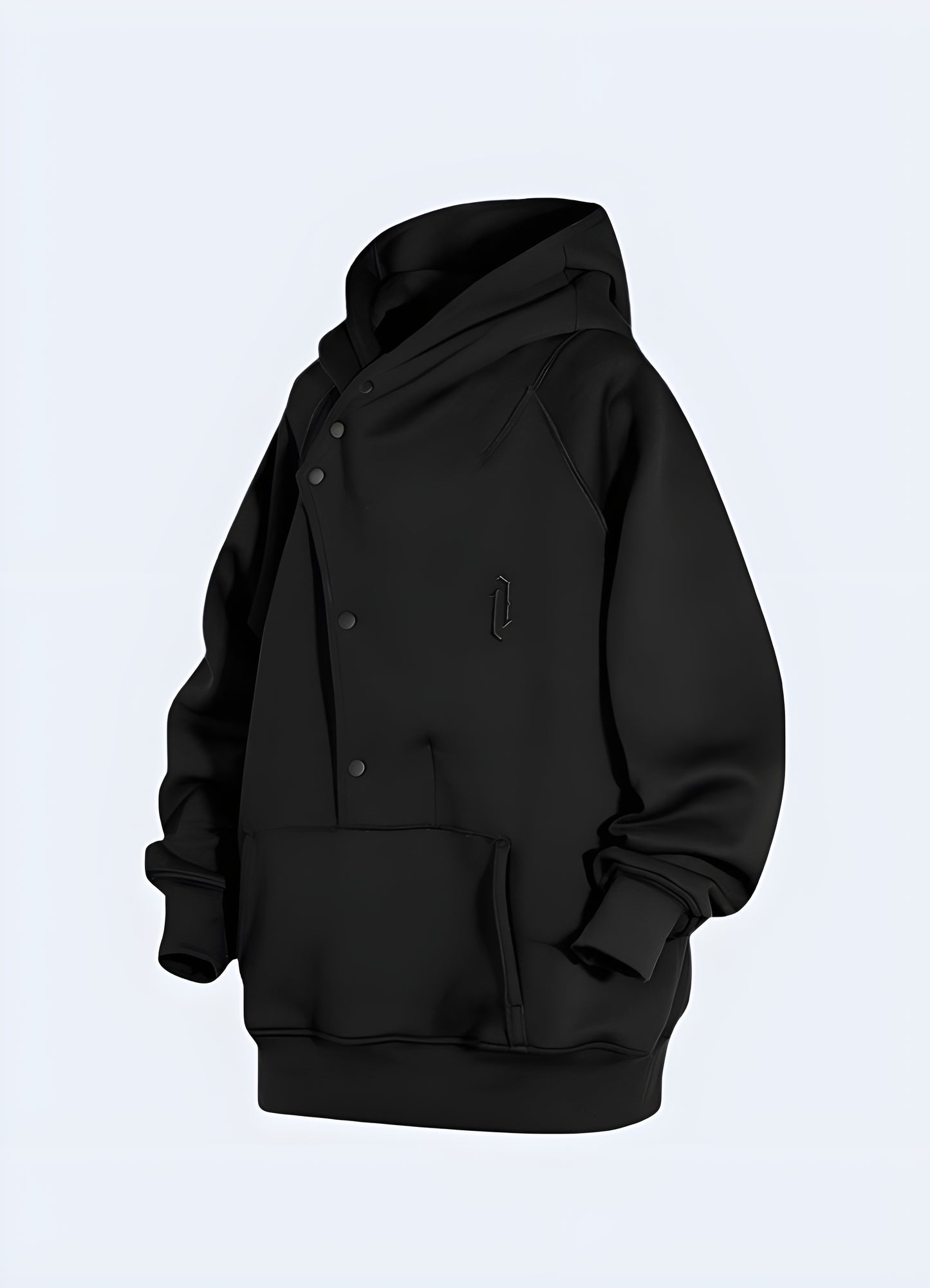 The hoodie has a spacious kangaroo pocket and a drawstring-adjustable hood.