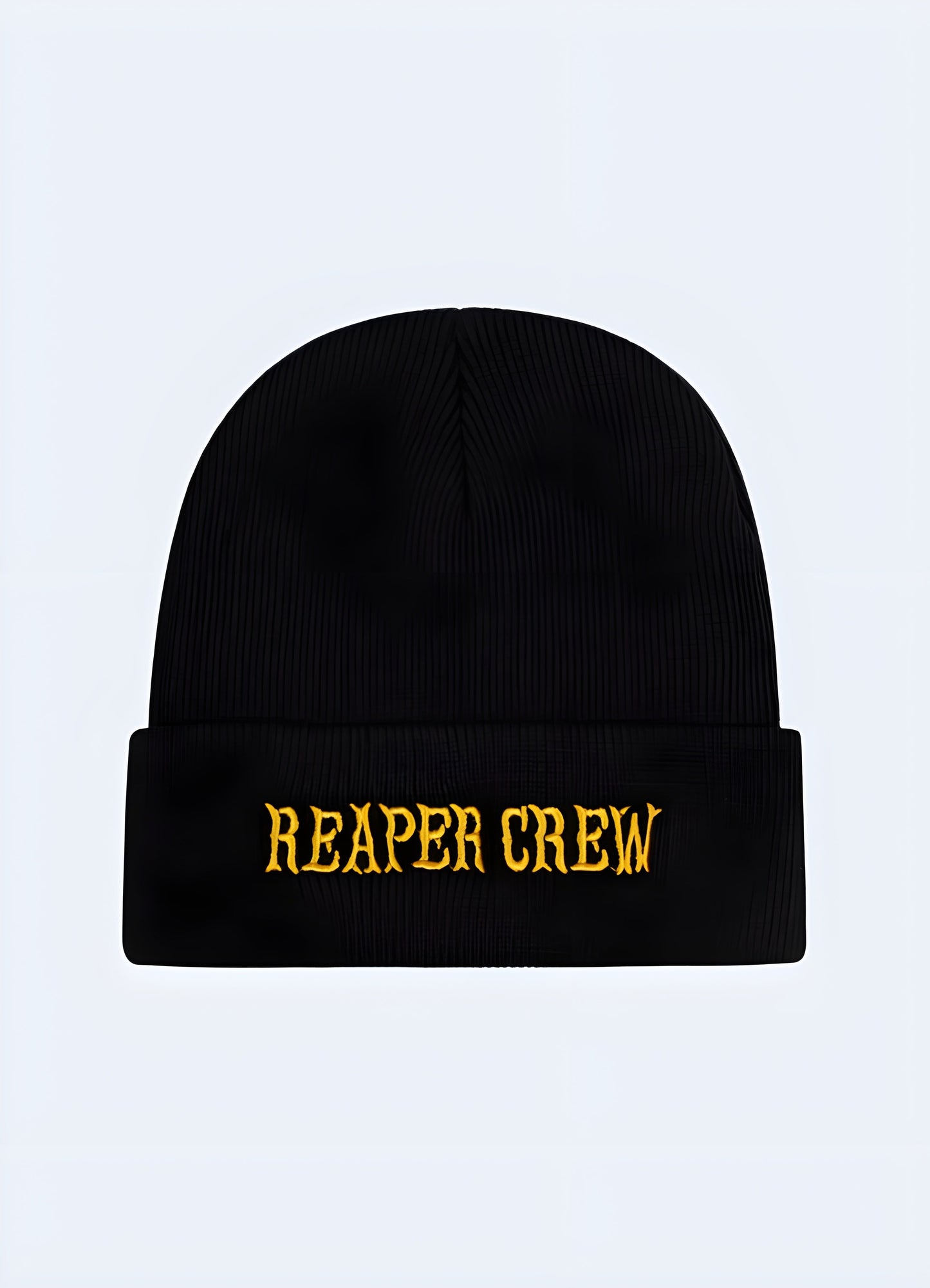 Front view of a model wearing a Reaper Crew beanie, showcasing the beanie's snug fit and bold design Canada.