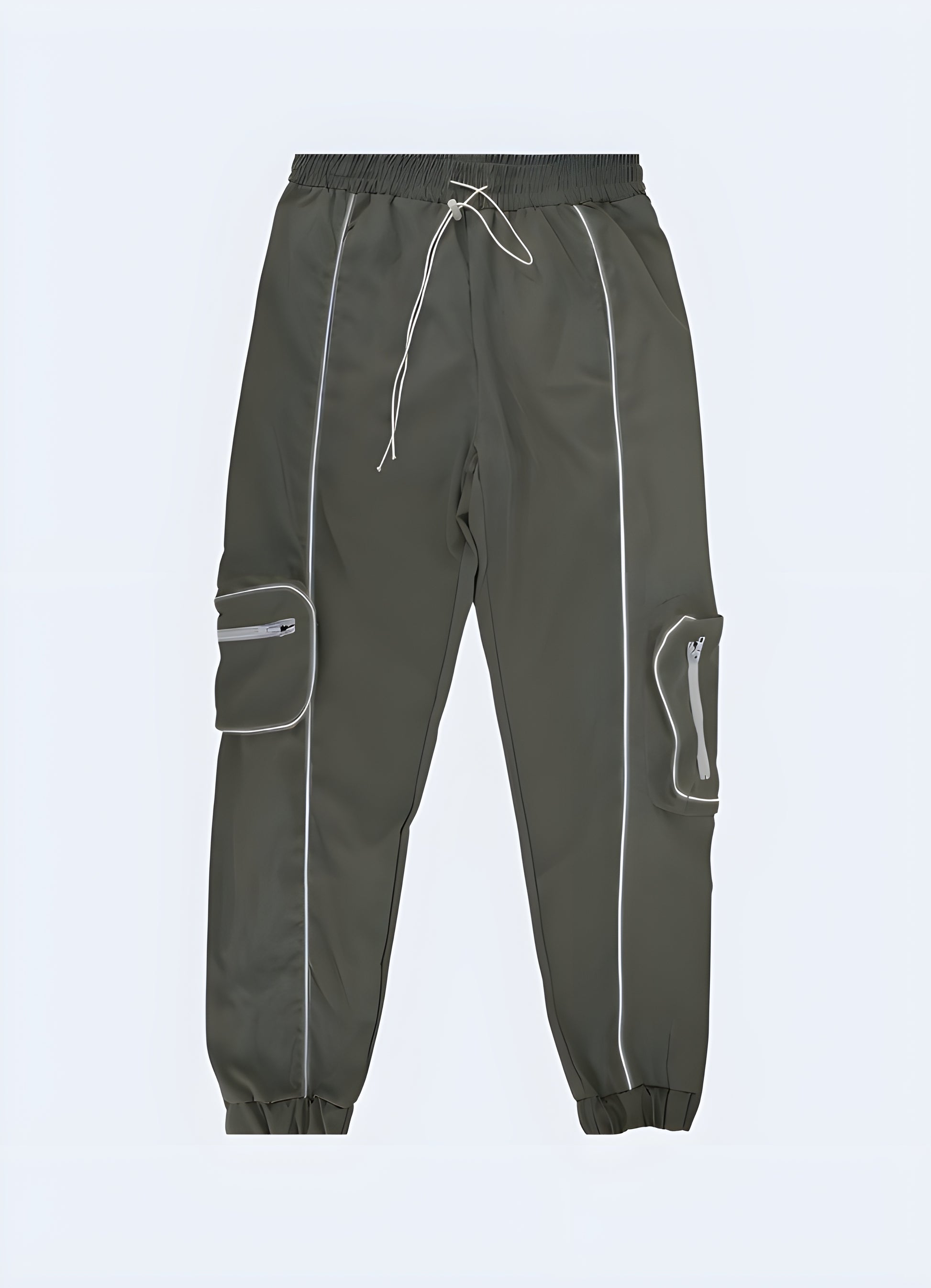 Reflective cargo pants – Front view | Techwear streetwear model wearing reflective detail cargo trousers for a futuristic urban look – Available in Canada.