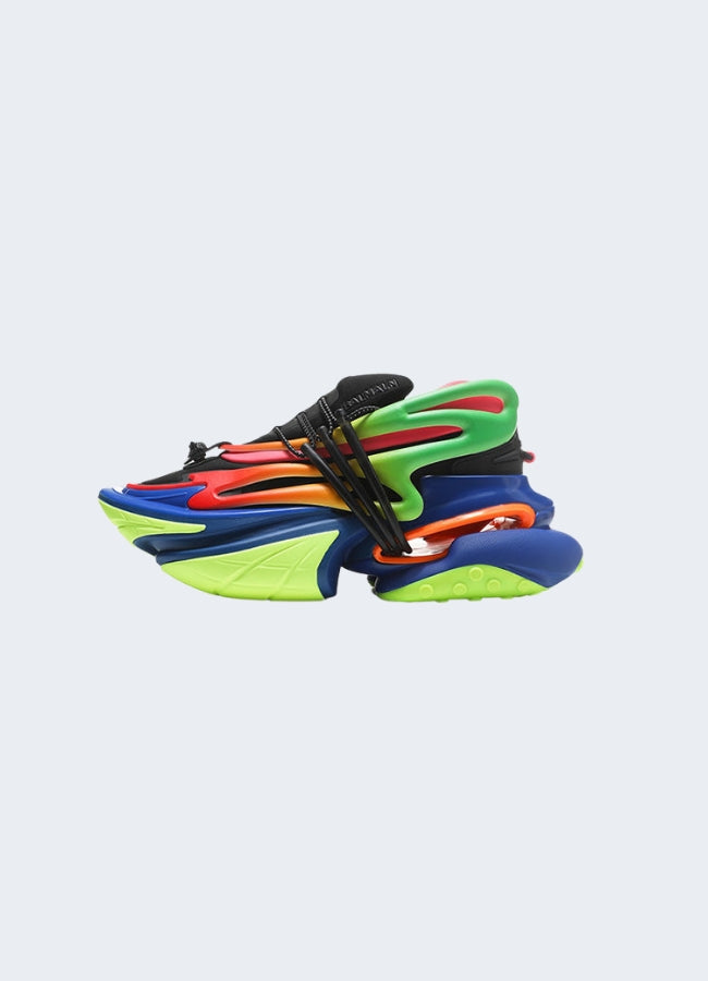 Side view of multicolor reflective techwear sneakers, boasting a bold and eye-catching design with reflective accents, perfect for making a statement in Canada techwear fashion.