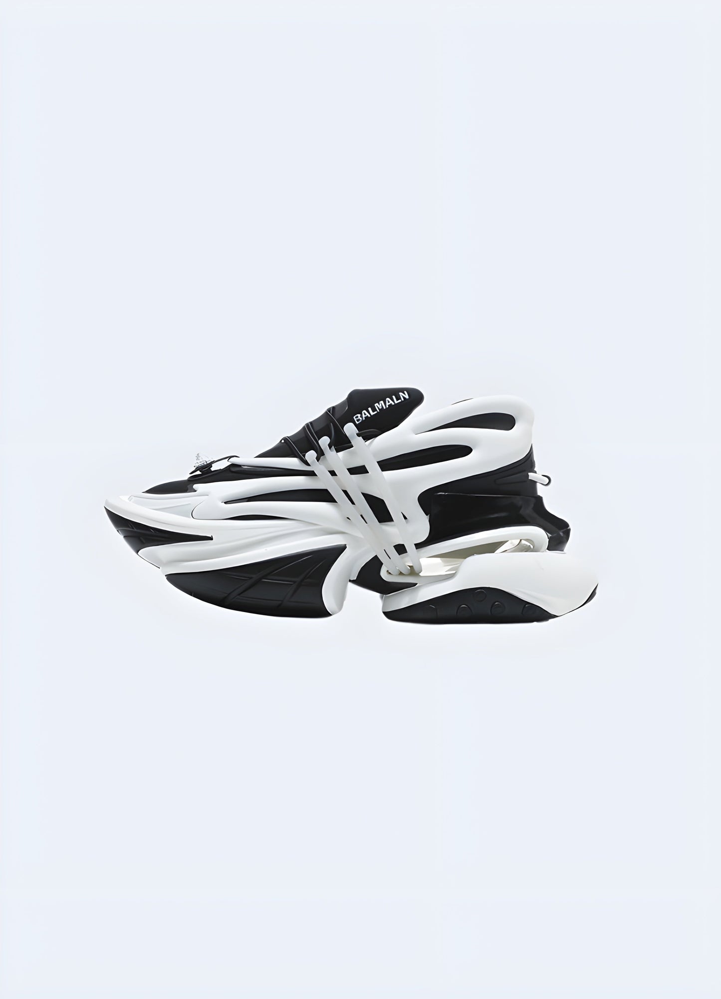 Side view of reflective techwear sneakers in white and black, featuring a sleek design and advanced reflective materials, perfect for Canada techwear enthusiasts and city dwellers.