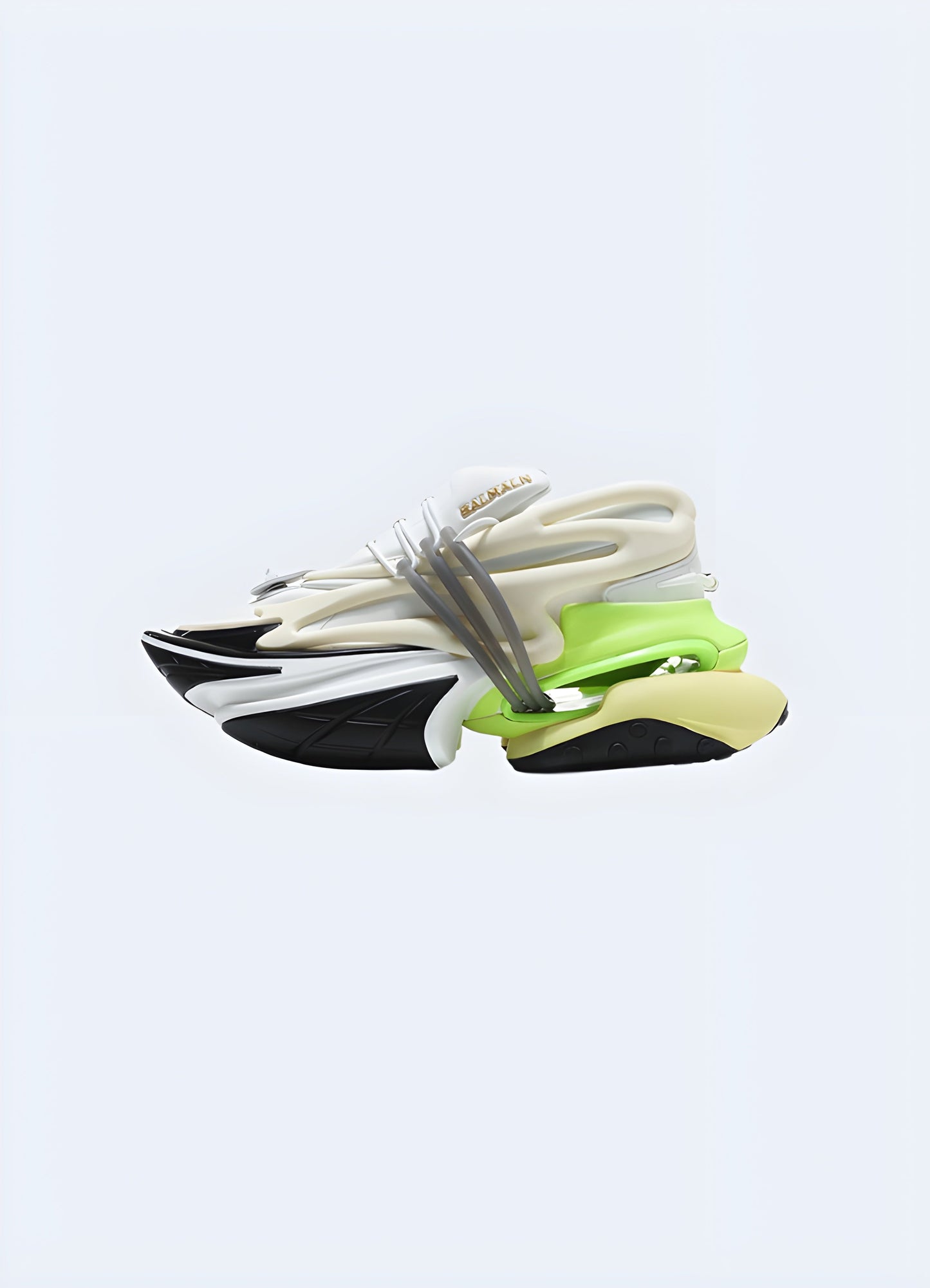 Side view of reflective techwear sneakers in white and green, combining contemporary aesthetics with reflective technology for optimal performance in Canada low-light conditions.