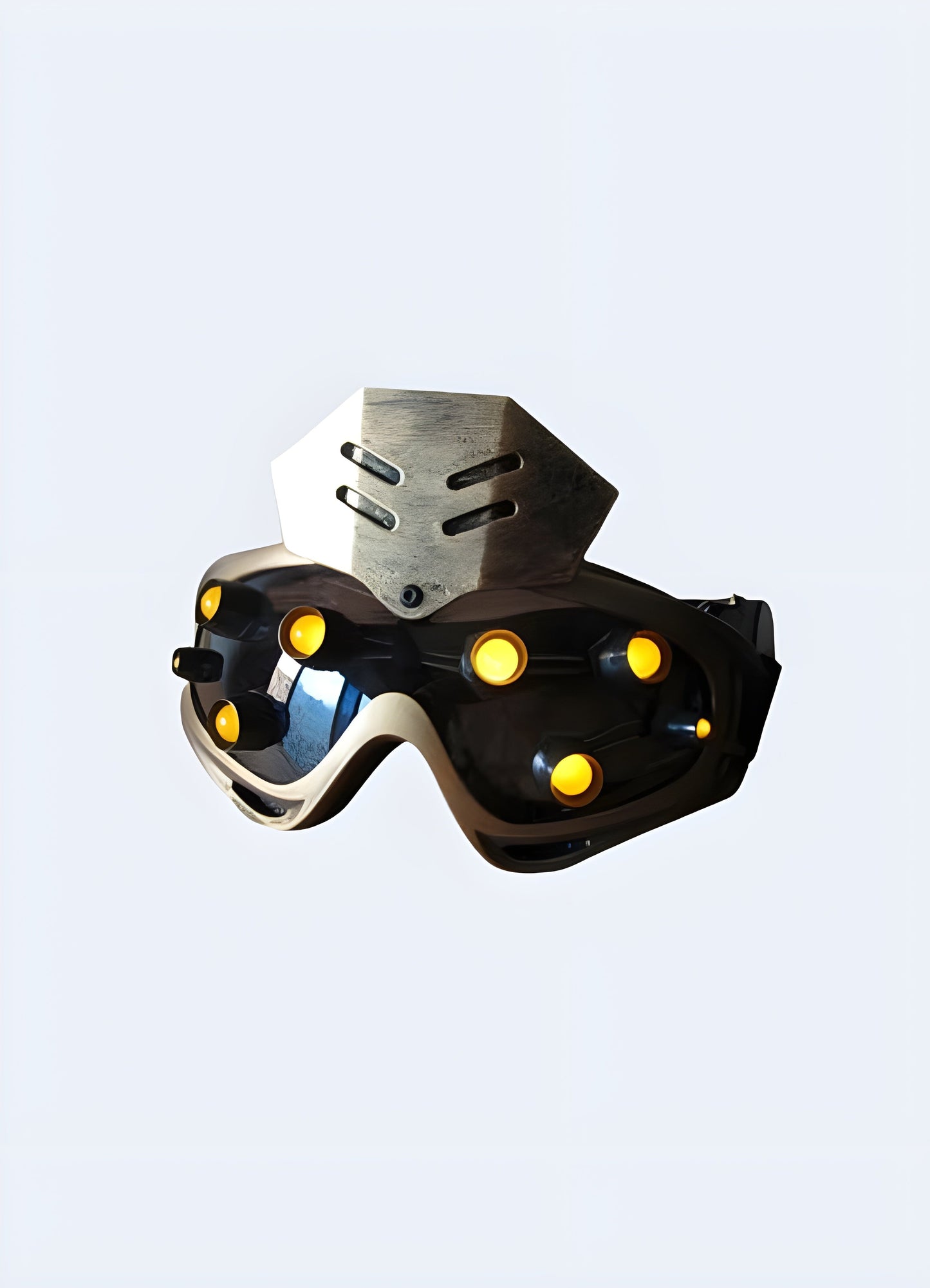 Front view of a silver sci-fi cyberpunk mask with a vibrant yellow shield. Perfect for standing out in a crowd.