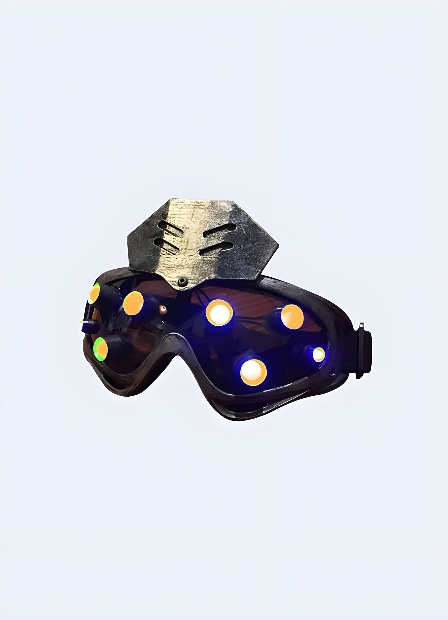 Front side view of a gold sci-fi cyberpunk mask with an orange shield. Ideal for a futuristic and dynamic appearance Canada.