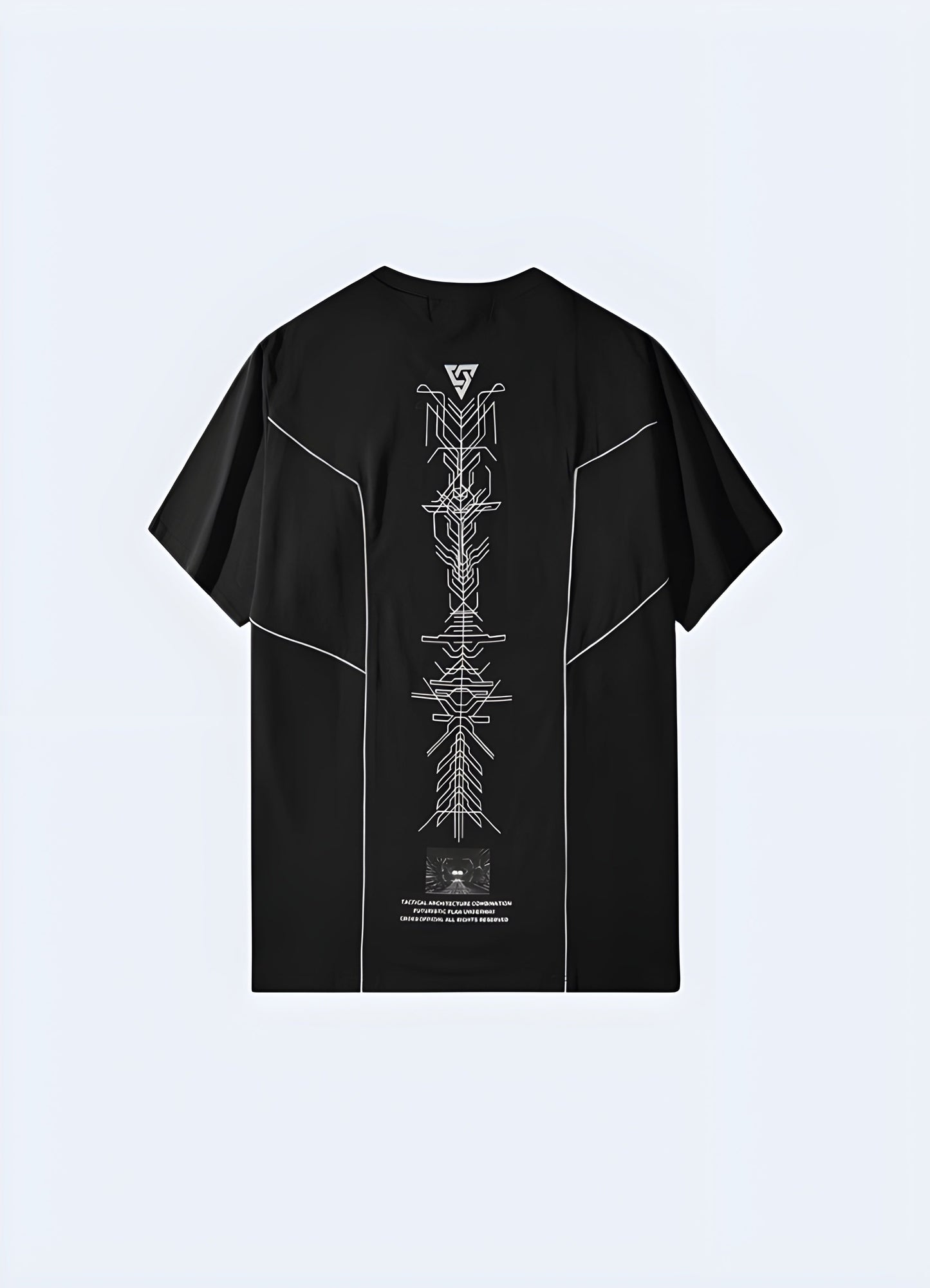 Back view of a black sci-fi shirt showcasing its unique design elements and high-quality materials, ideal for making a bold statement in the Canada.