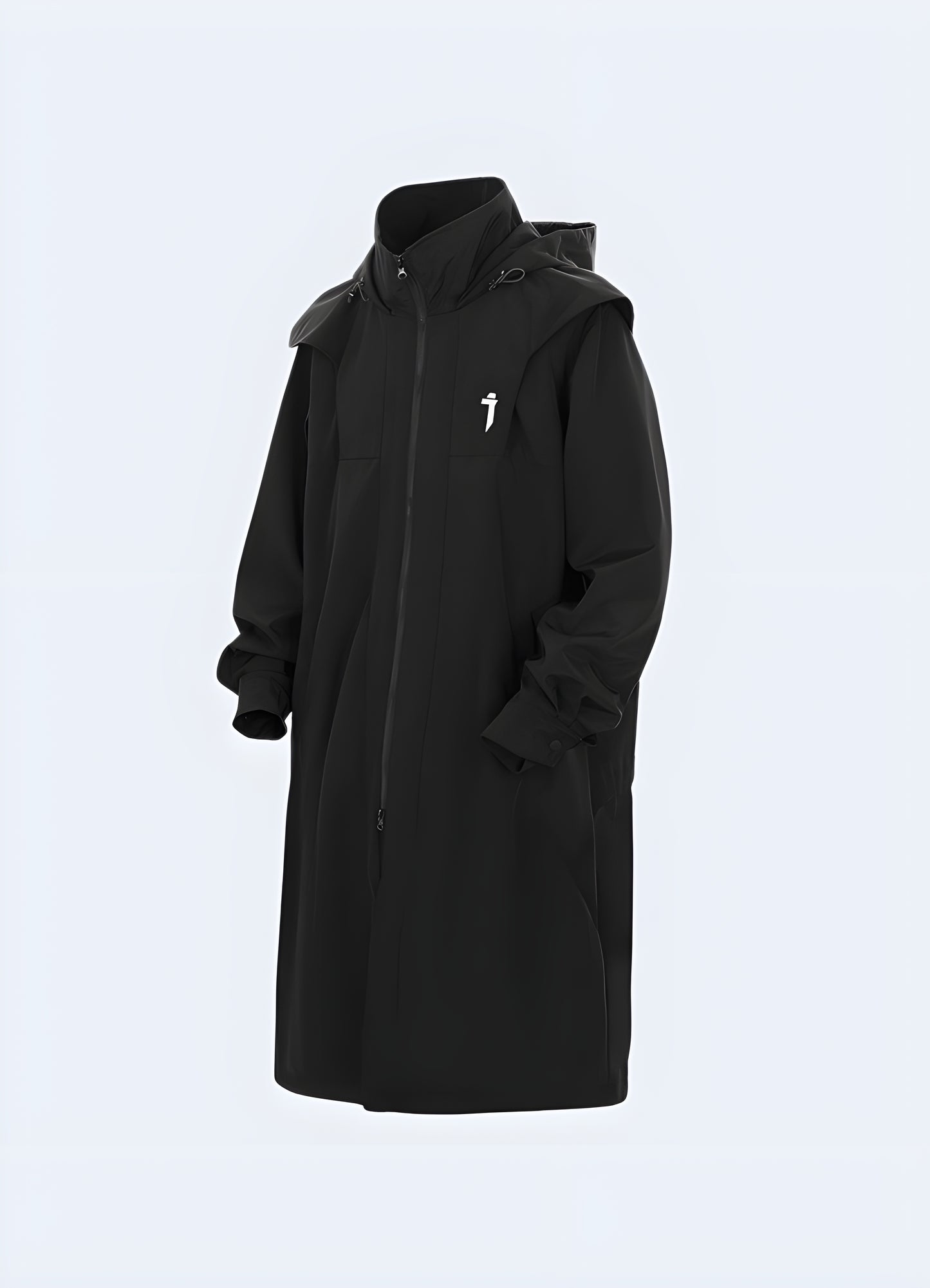 Front view of a sleek silhouette street wear trench coat showcasing its modern aesthetics, clean lines, and versatile style, perfect for elevating everyday outfits and expressing personal fashion in Canada's urban landscapes.